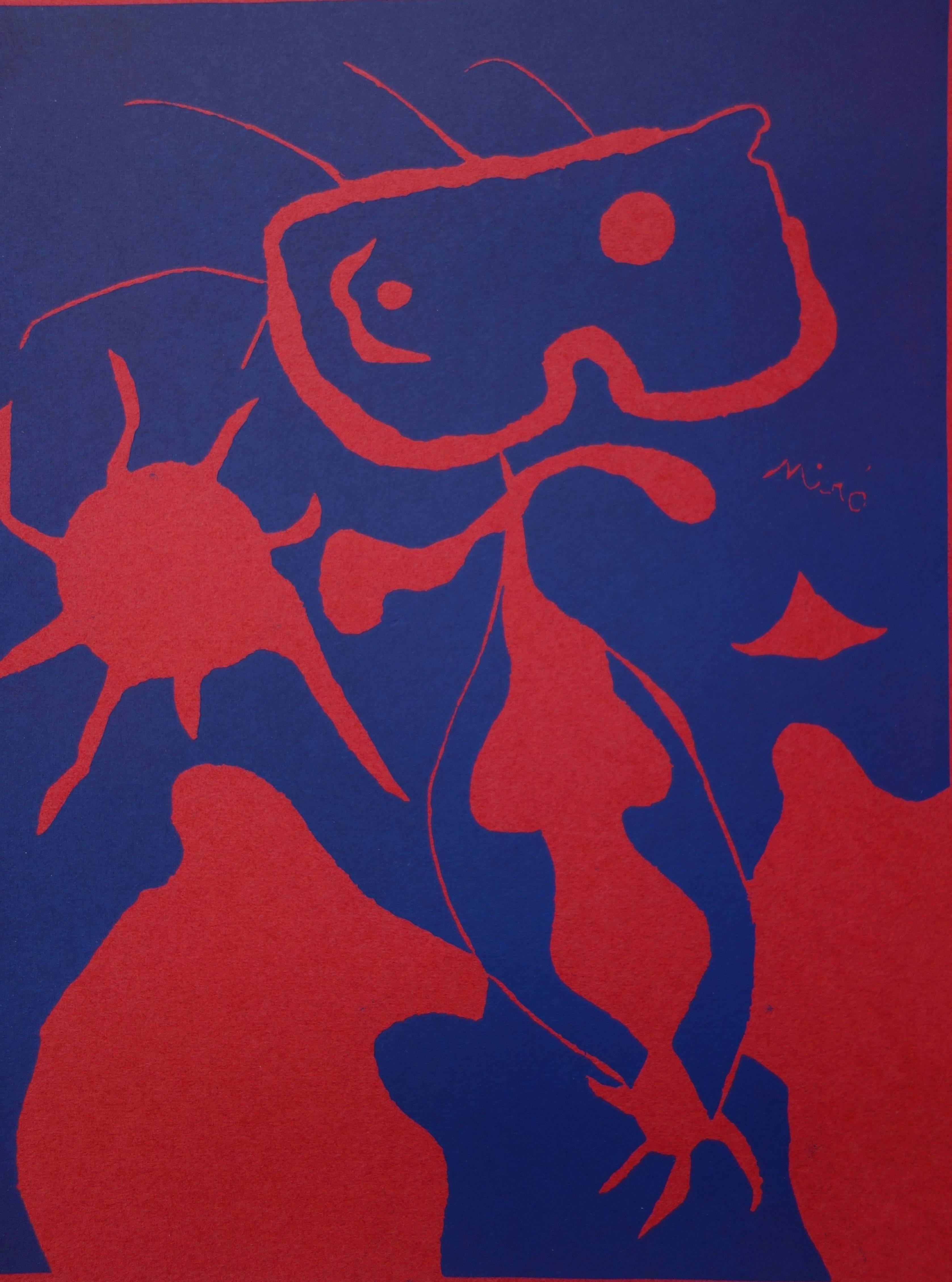 Junge mit roter Sonne - Original-Linolschnitt - 1938 (Surrealismus), Print, von Joan Miró