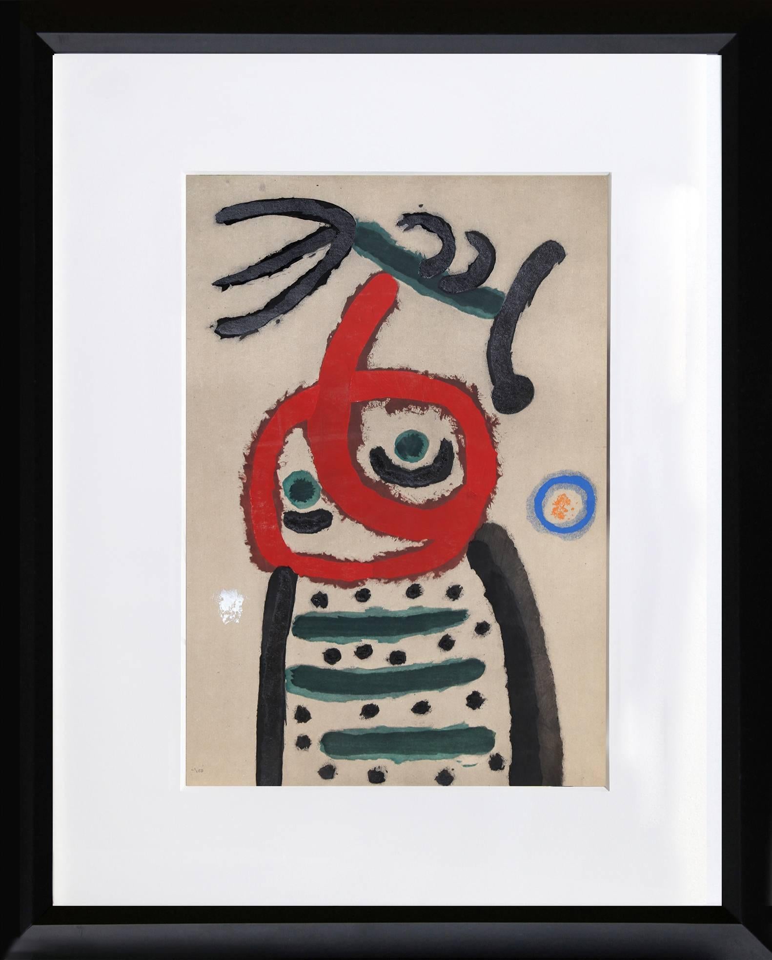 Joan Miró Abstract Print - Cartones 22: Femme et Oiseau, Framed Pochoir by Joan Miro