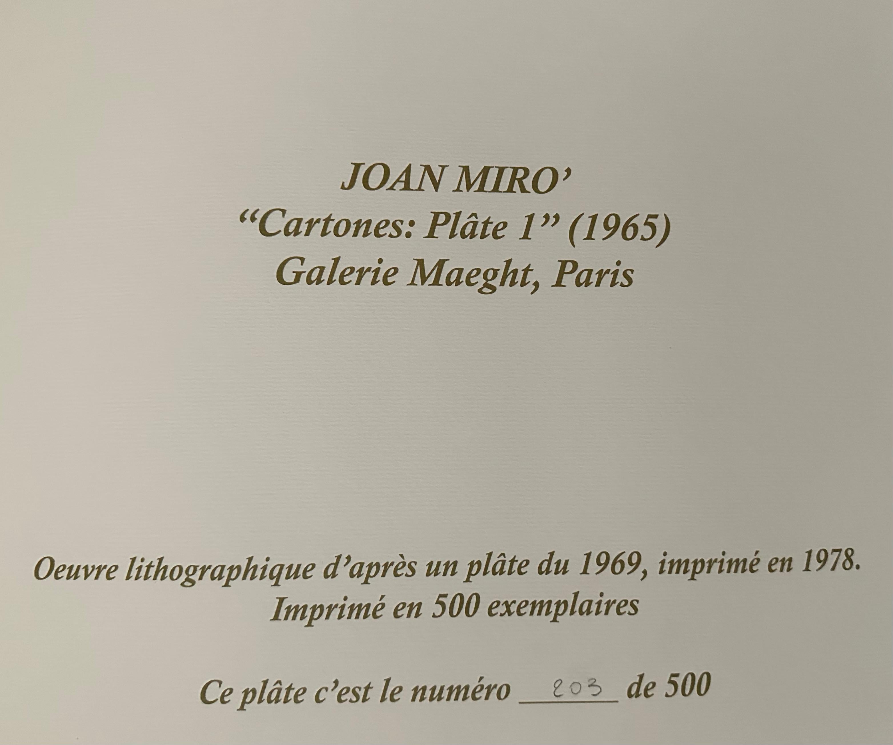 From Miro's Cartones. numbered 203/500  From Galerie Maeght, Paris.