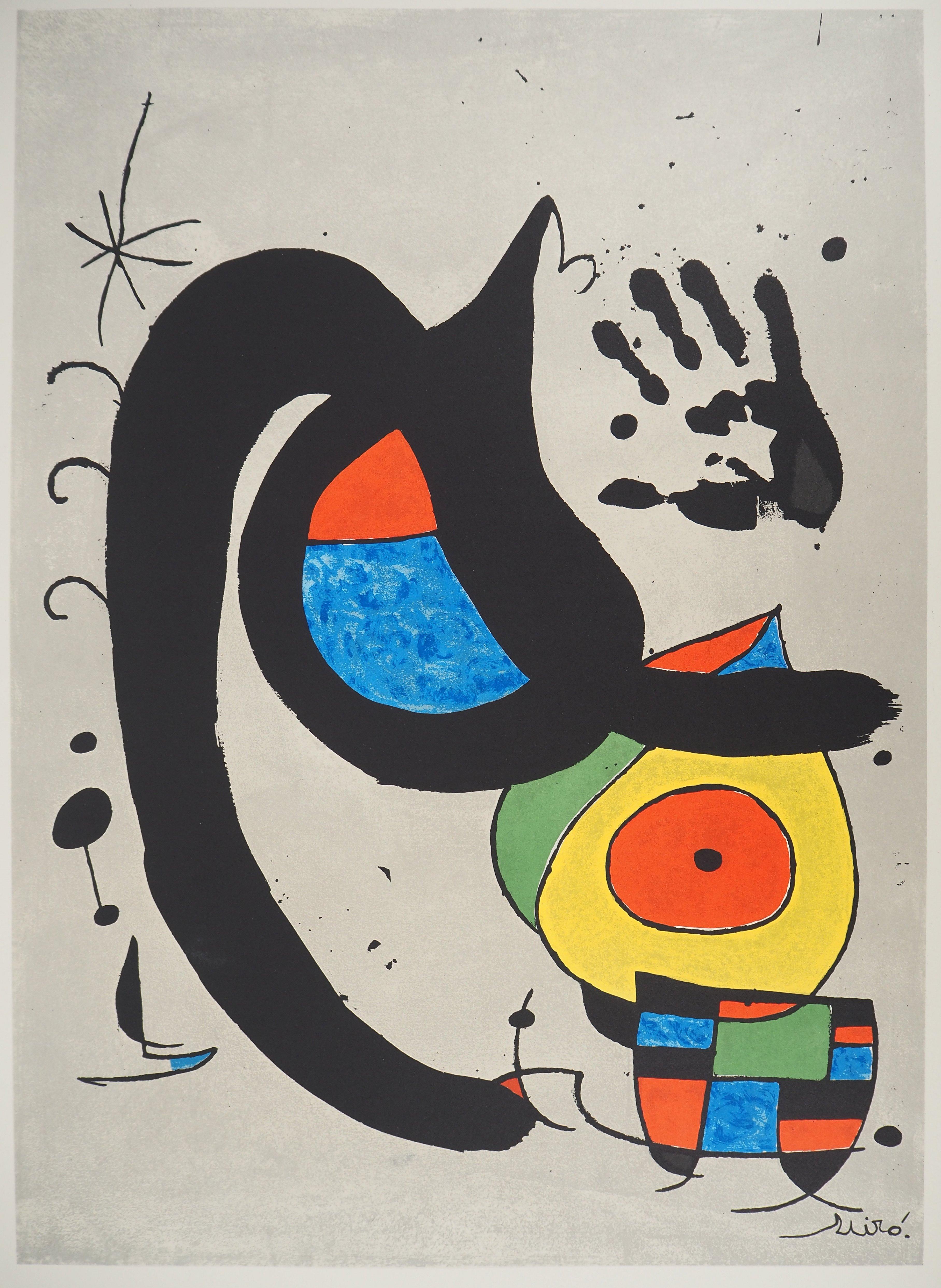 Cat, Small Bird and Black Hand - Original lithograph - Surrealist Print by Joan Miró