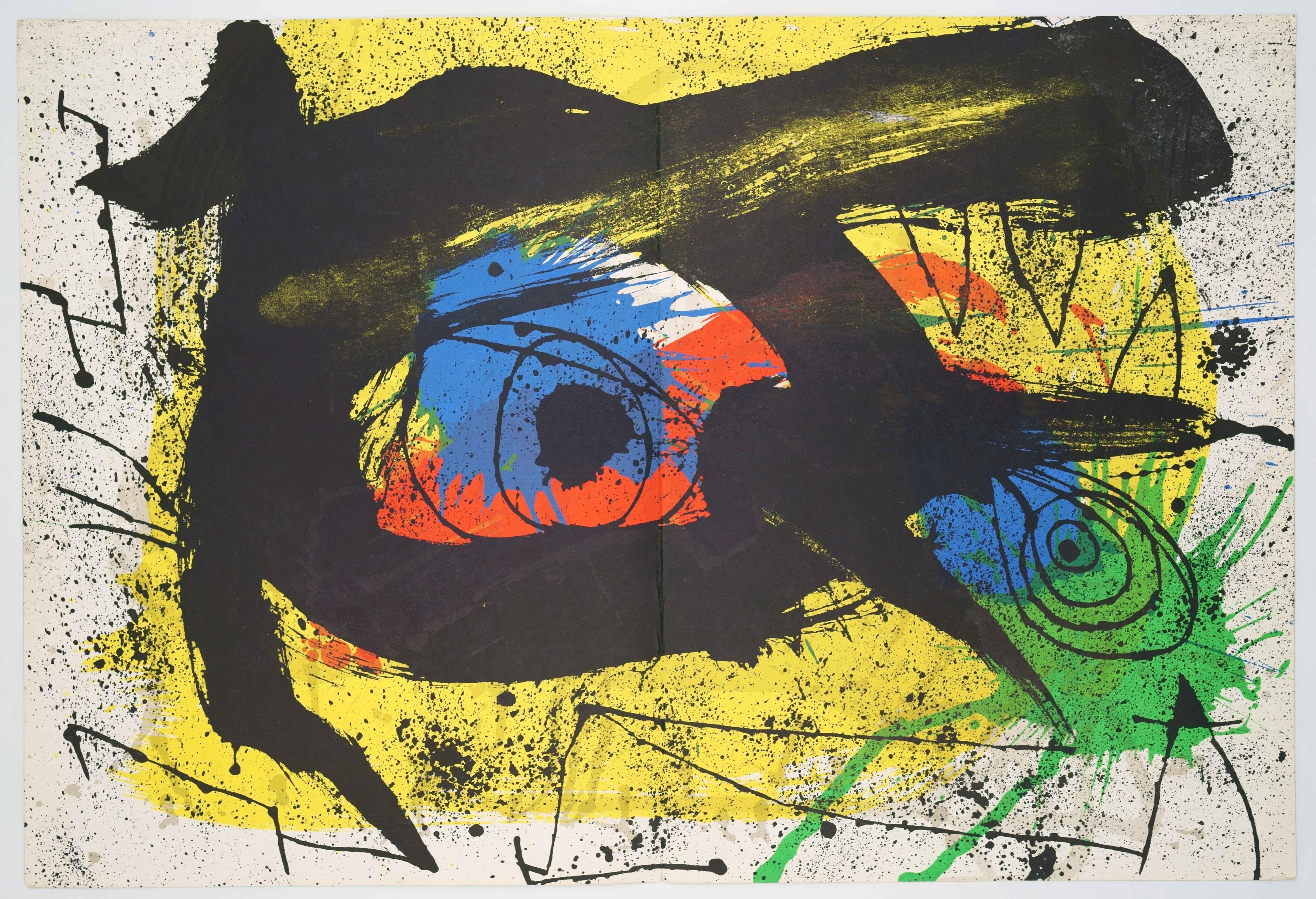 Litografia a colori per Derrière le Miroir no. 203 I / - Immaginazione reale - Abstract Print Nero di Joan Miró