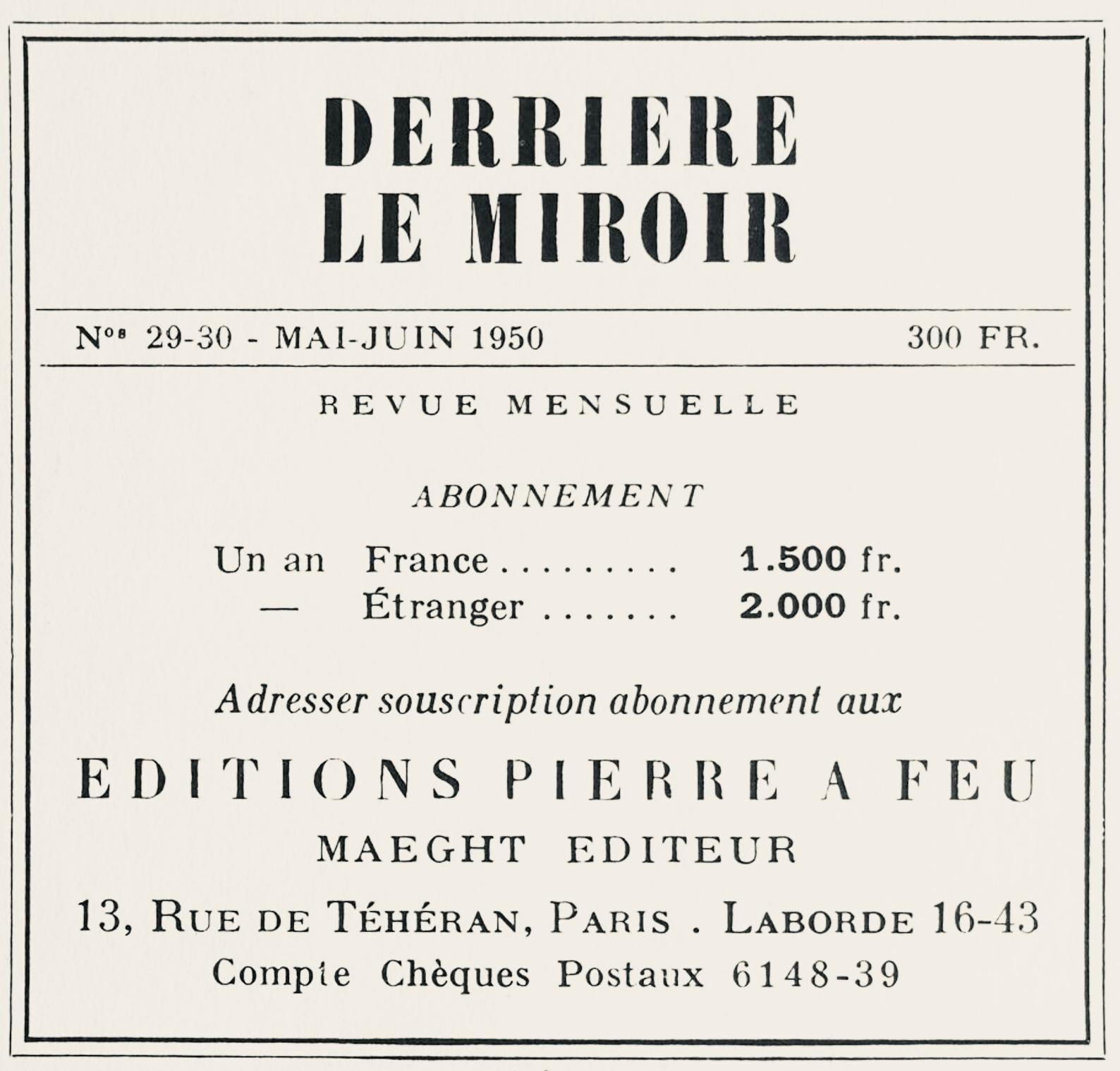 Lithographie auf Velinpapier. Papierformat: 15 x 11 Zoll. Beschriftung: Unsigniert und nicht nummeriert, wie ausgegeben. Referenzen des Werkverzeichnisses: Cramer, Patrick, und Joan Miró. Joan Miró, Catalogue Raisonné Des Livres Illustrés. P.