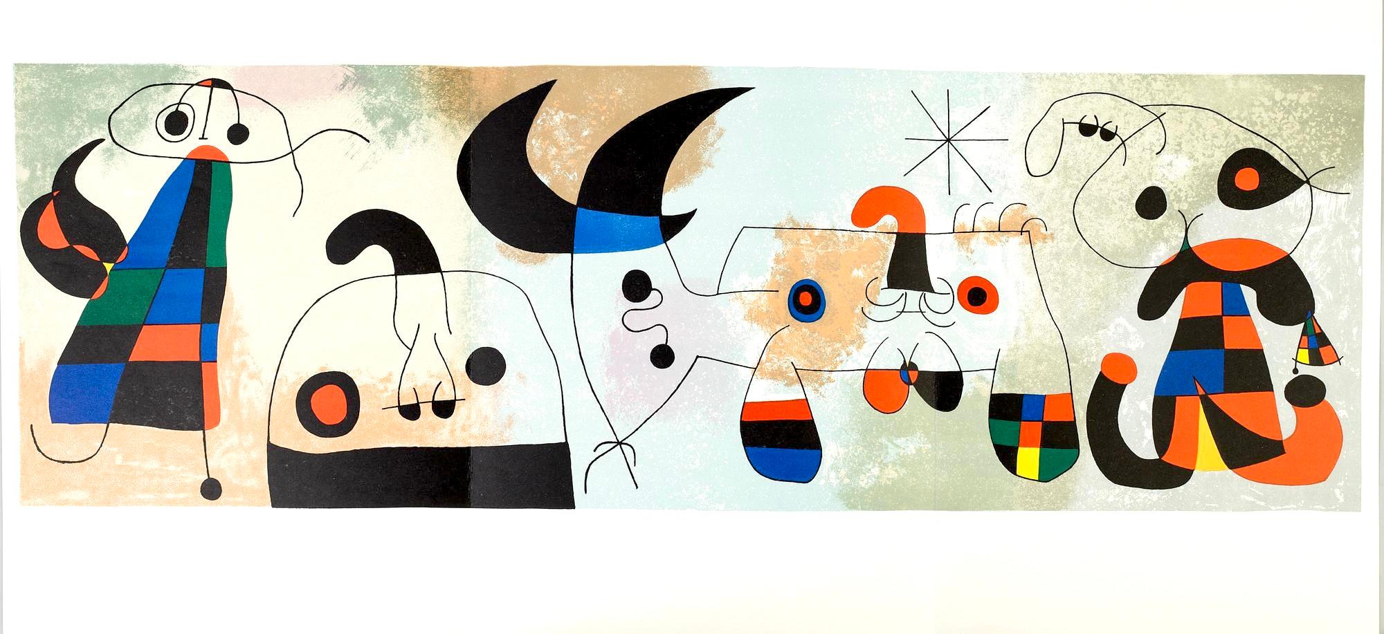 Lithographie auf Velinpapier. Papierformat: 15 x 33 Zoll, mit Bifold, wie ausgegeben. Beschriftung: Unsigniert und nicht nummeriert, wie ausgegeben. Referenzen des Werkverzeichnisses: Miró, Joan, et al. Joan Miró, Lithographien. Maeght Éditeur,