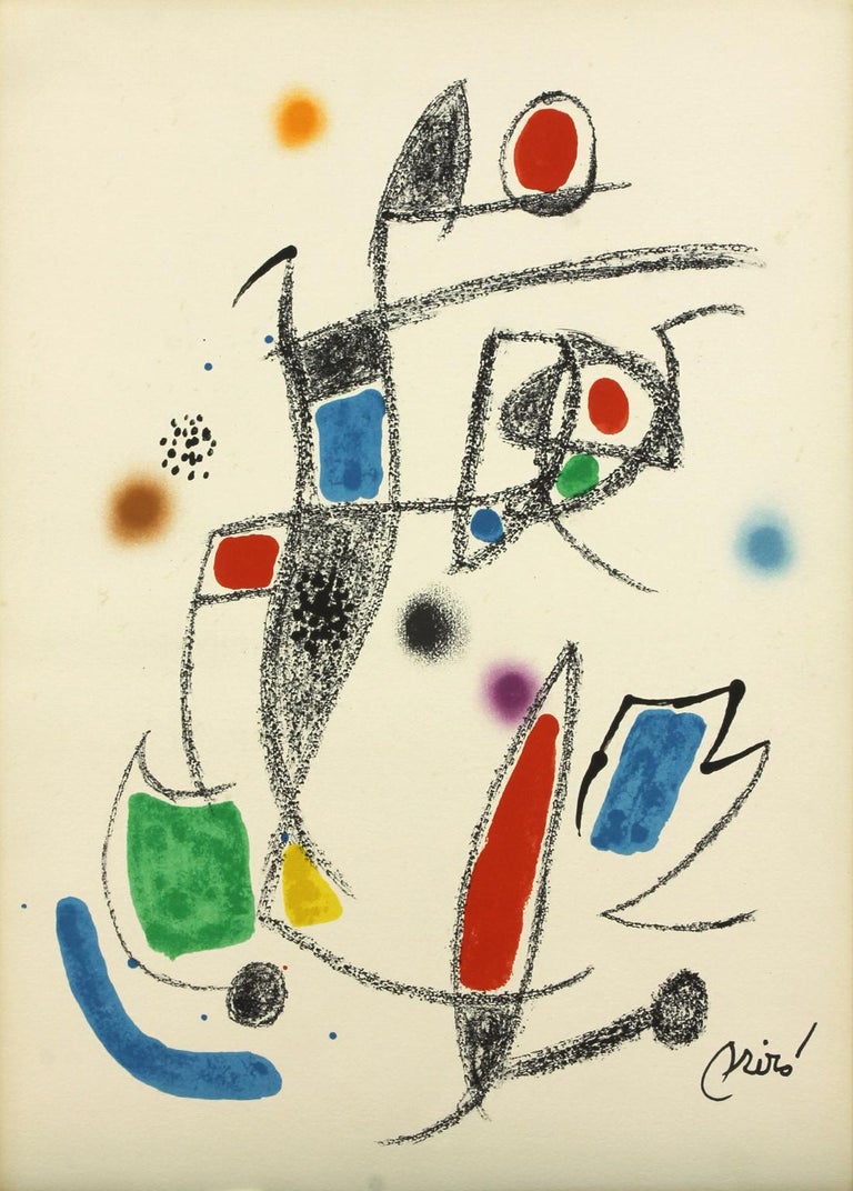 Plate-signed color lithograph by Joan Miró published by Ediciones Polígrafia. Miró Maravillas - 10 hand-written on back in pencil. Never framed. 