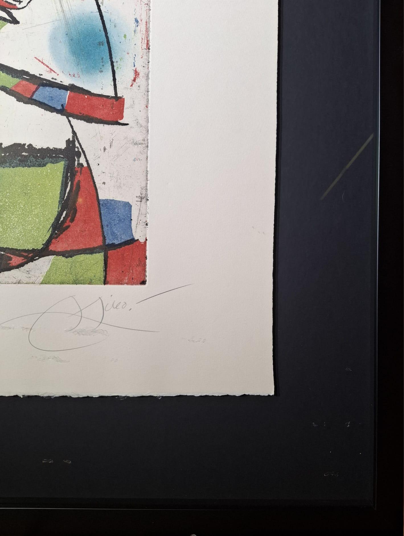 Artist: Joan Miró
Title: Series “Enrajolats”
Year: 1979.
Technique: Etching with aquatint on Arches paper, copy 5/30.
Signed and numbered in pencil.
The series “Enrajolats” consists of 7 etchings with aquatint whose print run is 55 copies, 
numbered