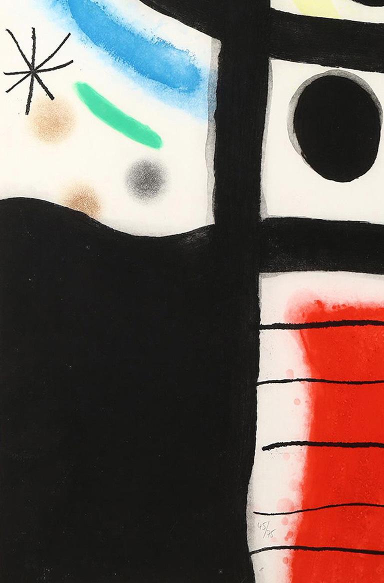 Joan Miró Equinoxe, (Equinox), 1967 is known to be Joan Miró most greatest and sought after ecthing, aquatint with carborundum. Know as his premier work, this s artwork is a colorful and highly energetic piece composed of visual elements to