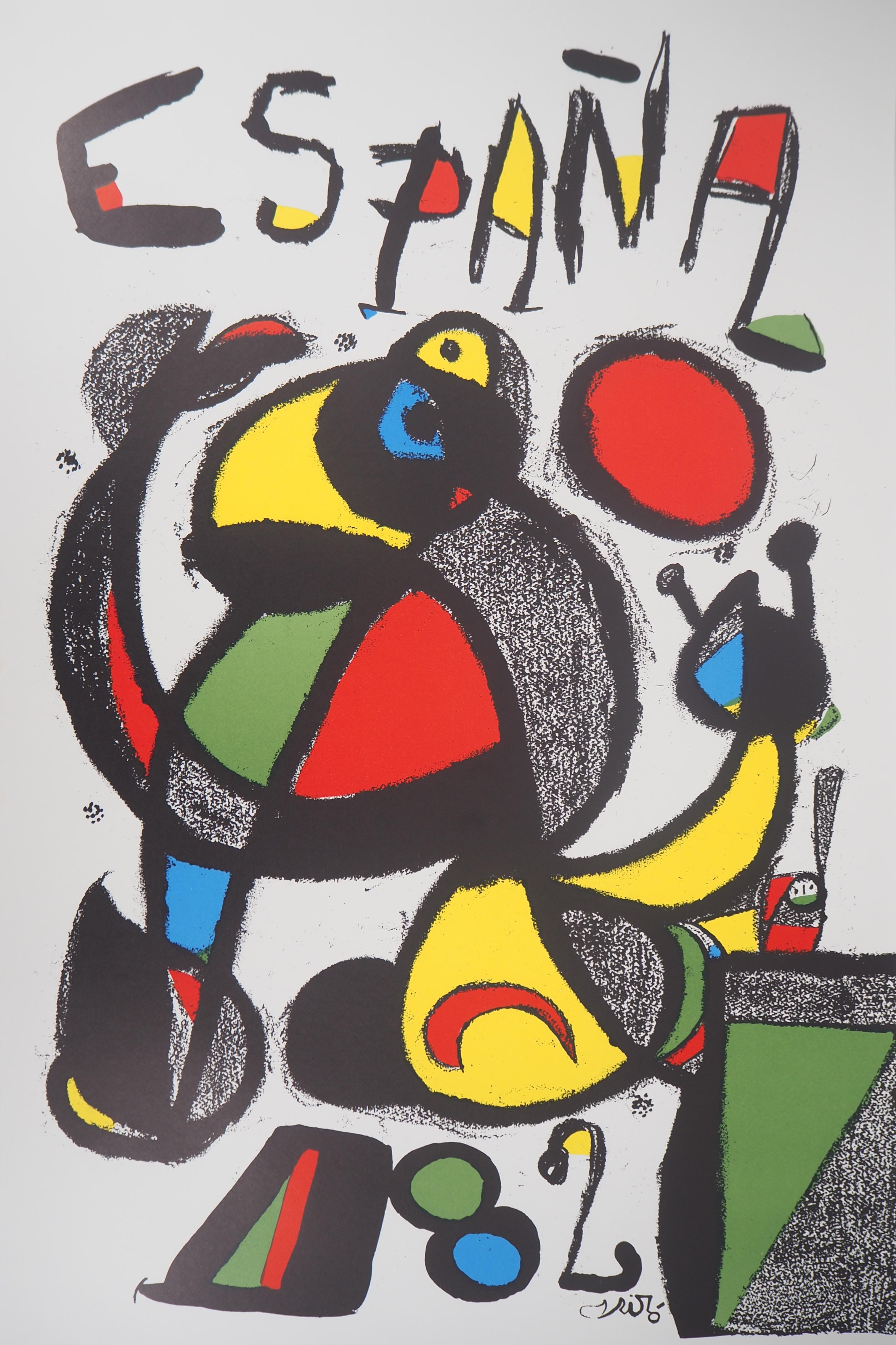 Espana, Surrealist figure - Original lithograph, 1982 - Beige Figurative Print by Joan Miró