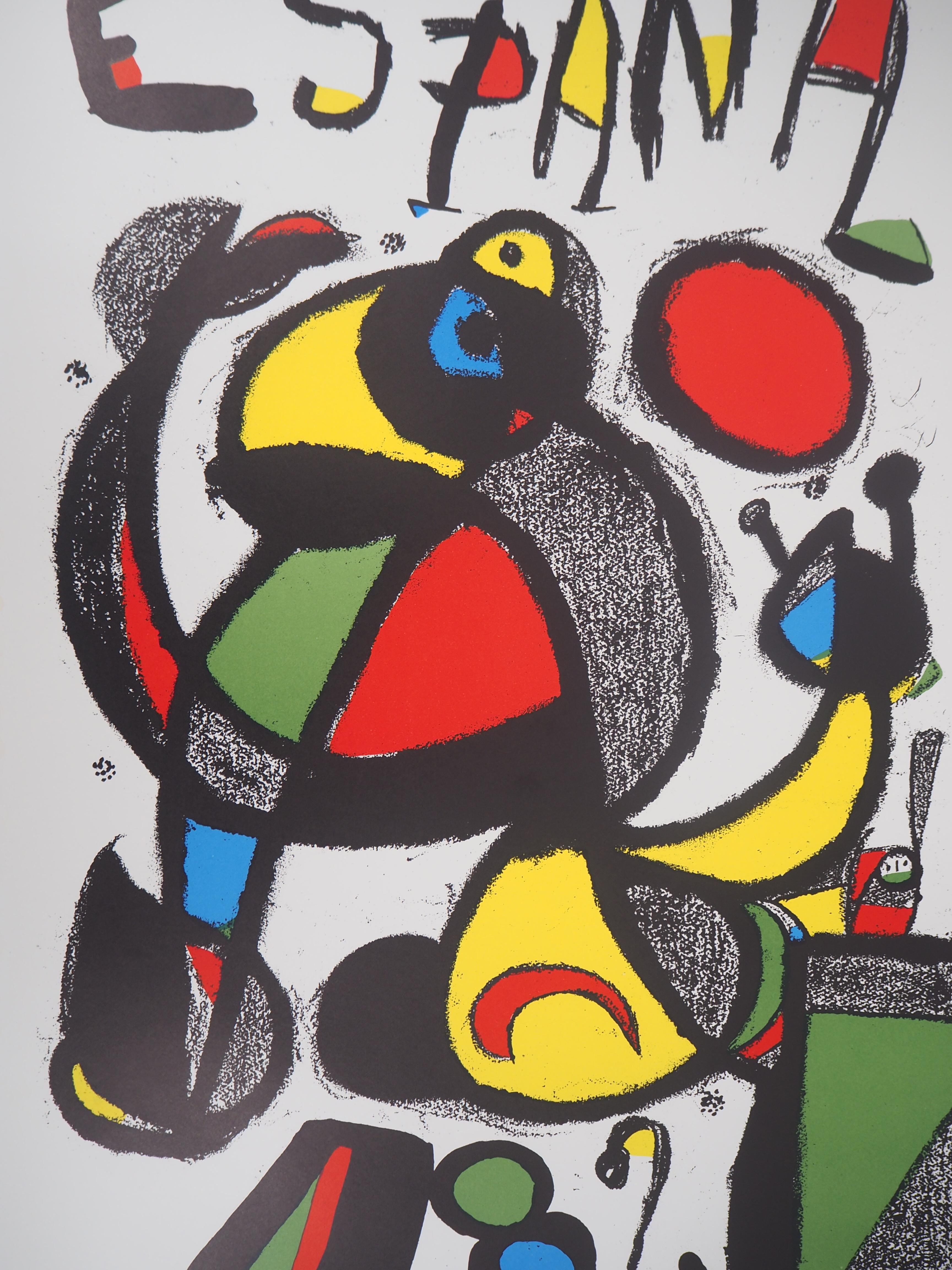 Espana, Surrealist figure - Original lithograph, 1982 - Beige Abstract Print by Joan Miró