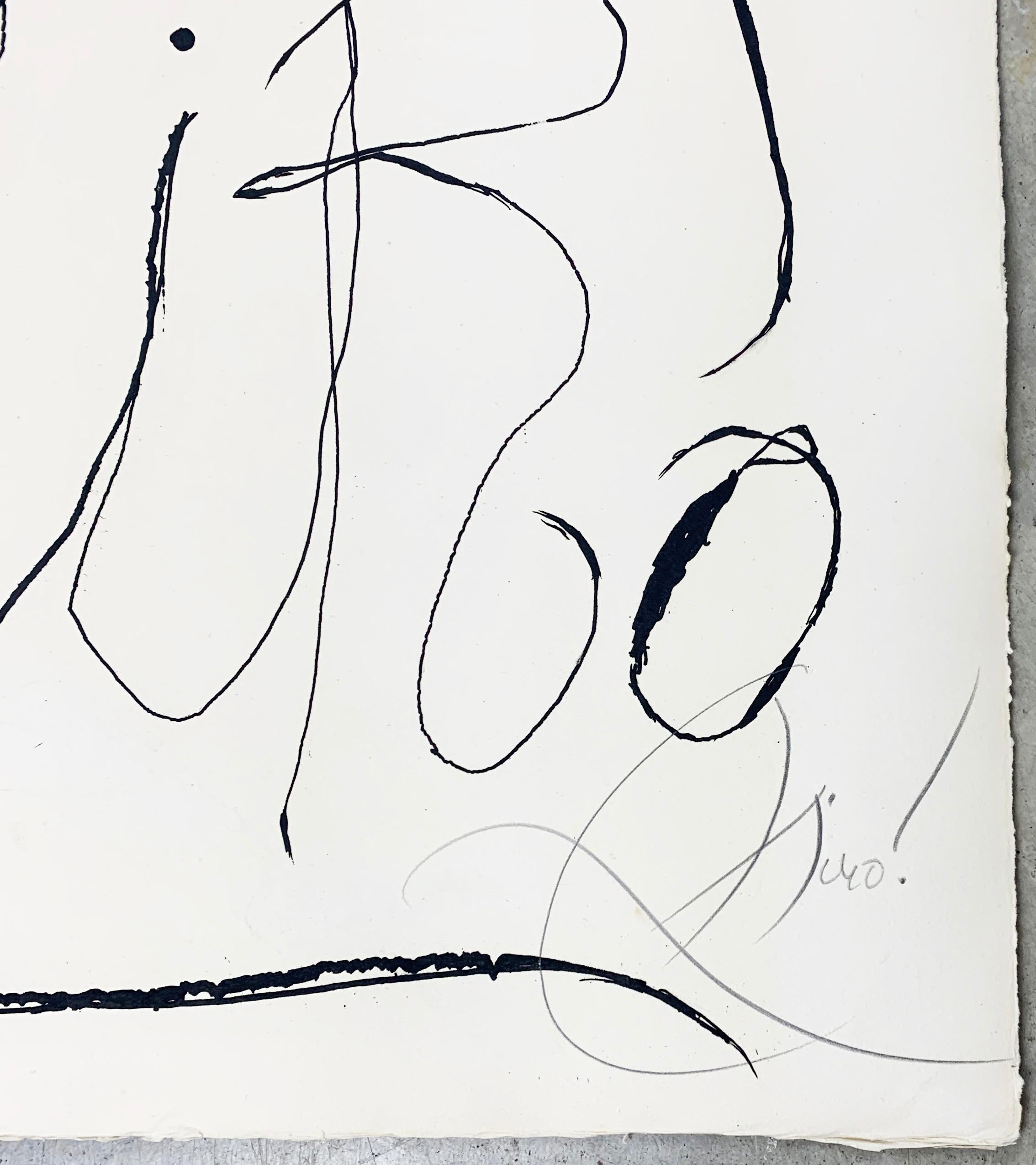 Artiste : Joan Miro
Titre : Plaque I de Espriu-Miro 
Série : De la série Espriu-Miró, qui contient 8 gravures imprimées sur papier Gvarro avec le cachet de l'éditeur.
Date : 1971
Moyen d'expression : Gravure sur papier gvarro avec aquatinte et