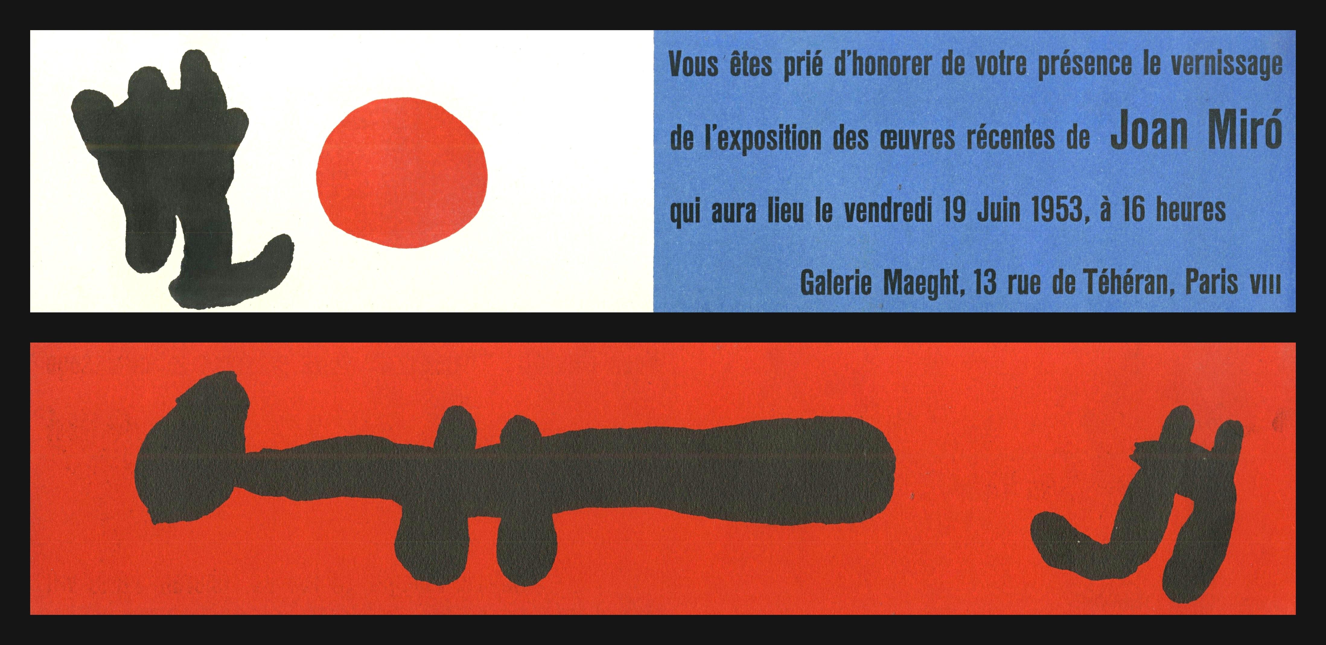 Extremely rare 2-sided lithographic announcement to Galerie Maeght vernissage - Print by Joan Miró