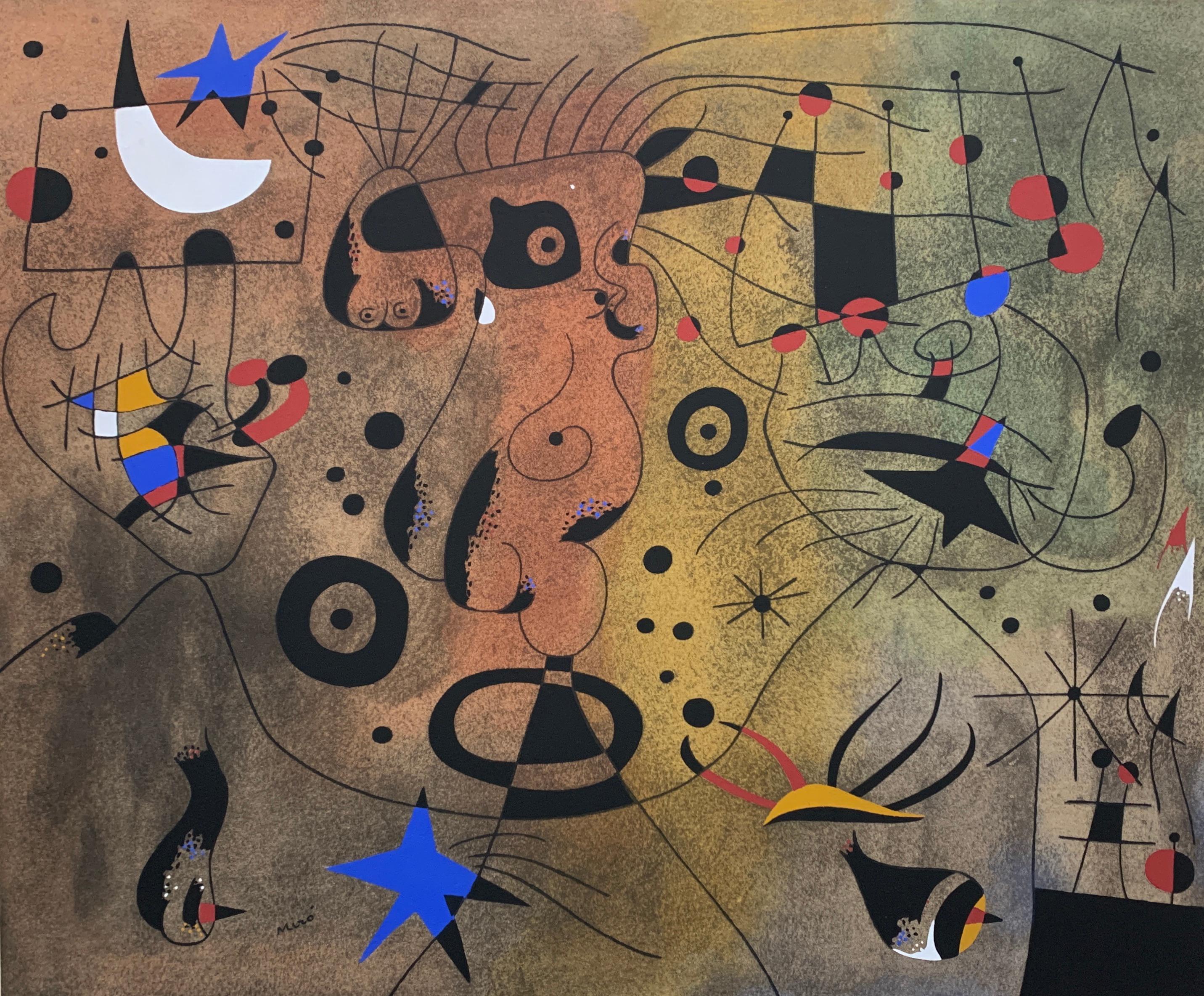 Joan Miró Abstract Print - FEMME À LA BLONDE AISSELLE COIFFANT SA CHEVELURE À LA LUEUR DES ÉTOILES 