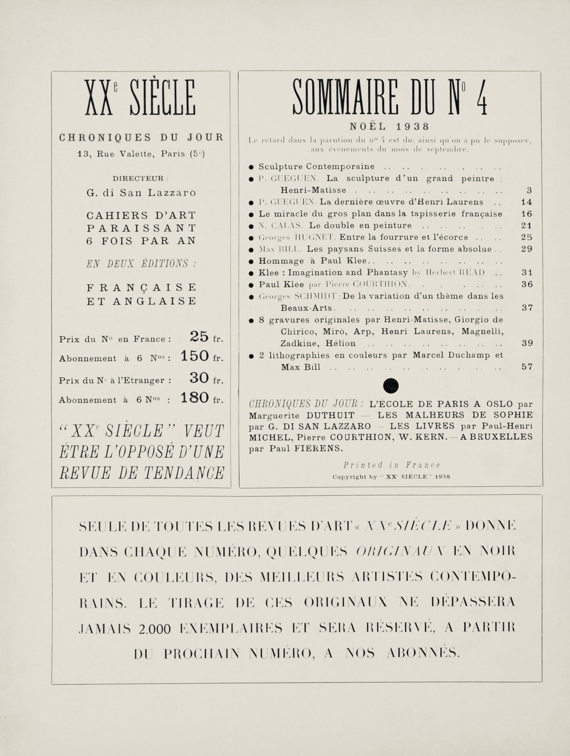 Linoleografia su carta vélin. Formato carta: 12,4 x 9,65 pollici. Iscrizione: Firmata nel piatto e non numerata, come da edizione. Catalogo ragionato: Musée d'art moderne de la ville de Paris, et al. Miró: L'oeuvre Graphique: Esposizione: Musée