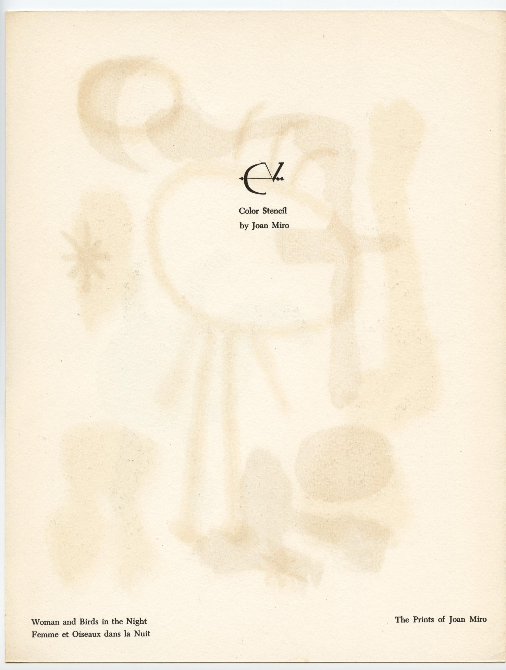 Original-Pochoir „Femme et Oiseaux dans la Nuit“ (Surrealismus), Print, von Joan Miró