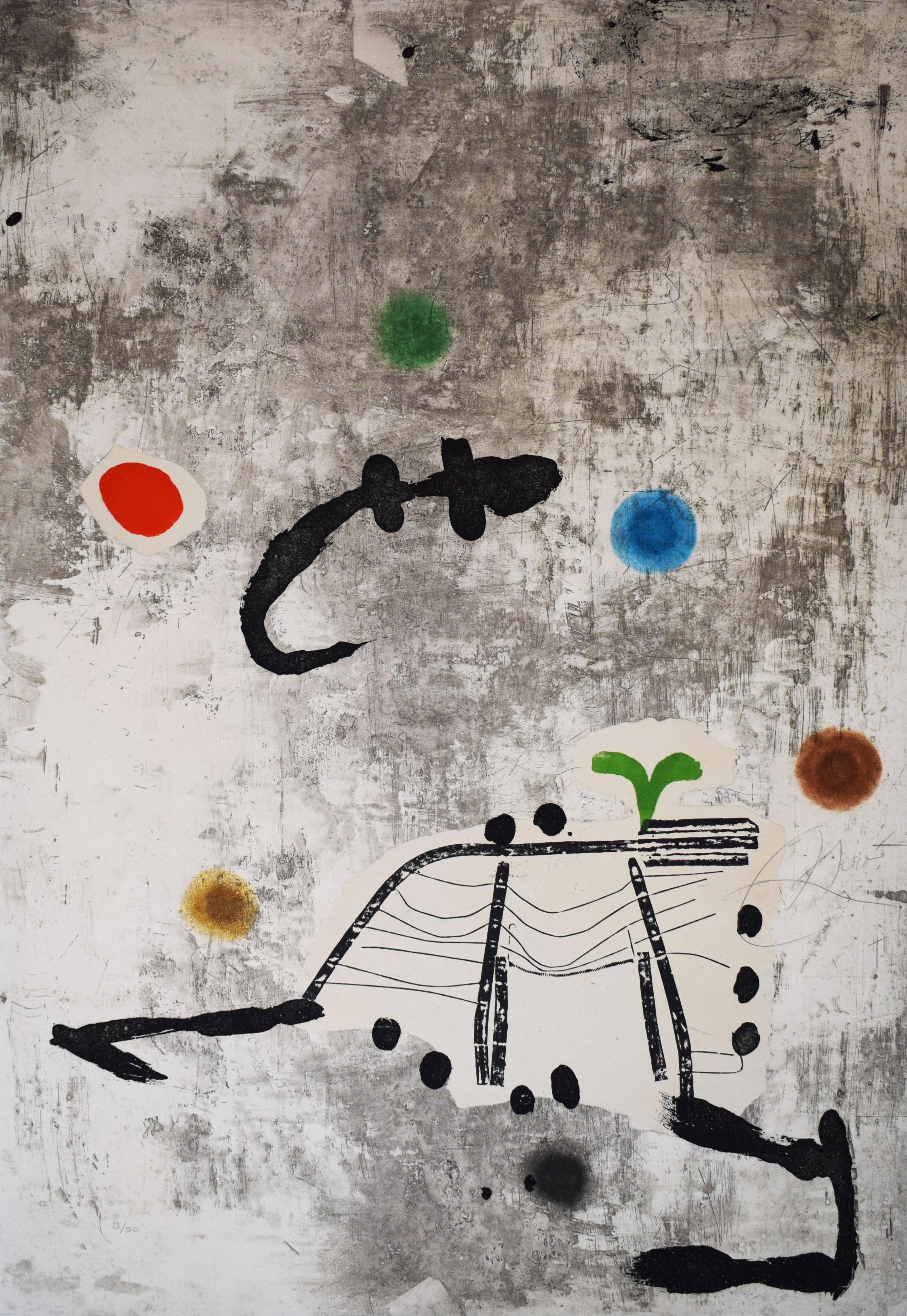 Joan Miró Abstract Print - Figure and Stars I  Personatge I Estels V - Spanish Surrealism Celestial Stars