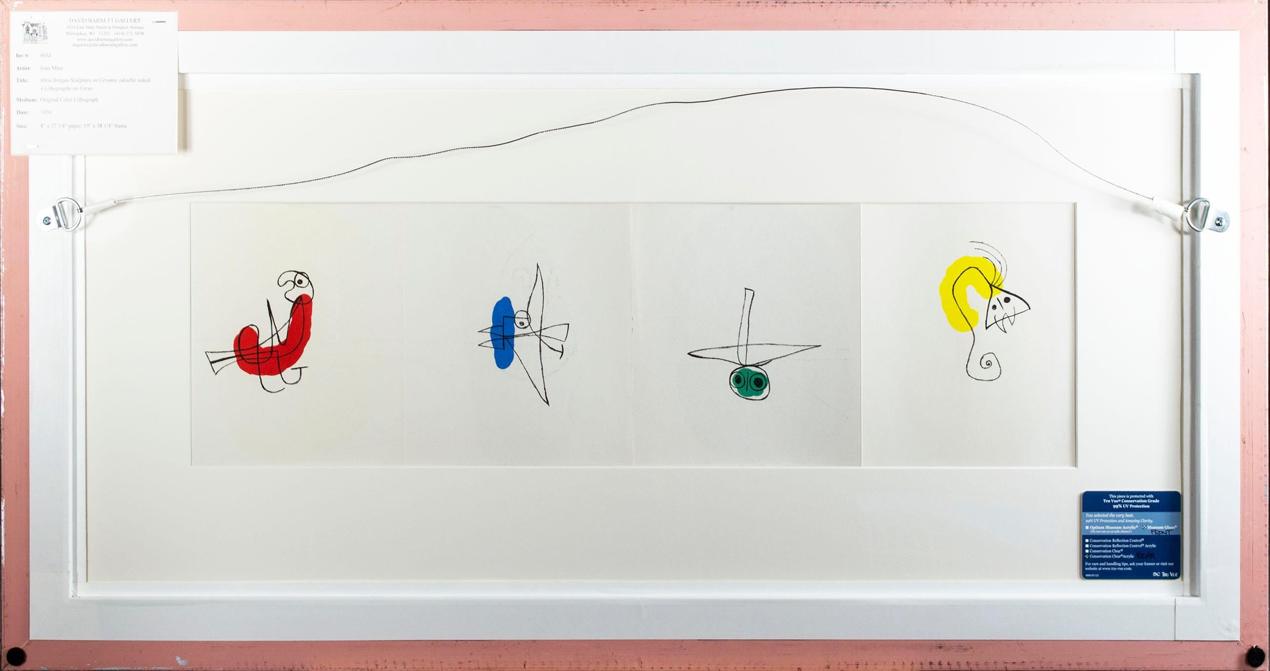 Joan Miró produced this original  lithograph especially for the catalogue for an exhibition of his and Josep Llorens Artigas' collaborative work at the Pierre Matisse Gallery, New York. It is an excellent example of his mid-century work and features