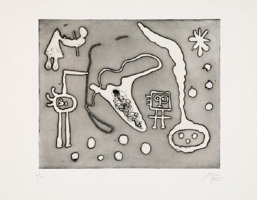 Impression abstraite de la ""Série II"" de Joan Miró, oeuvre d'art graphique, Noir et Blanc