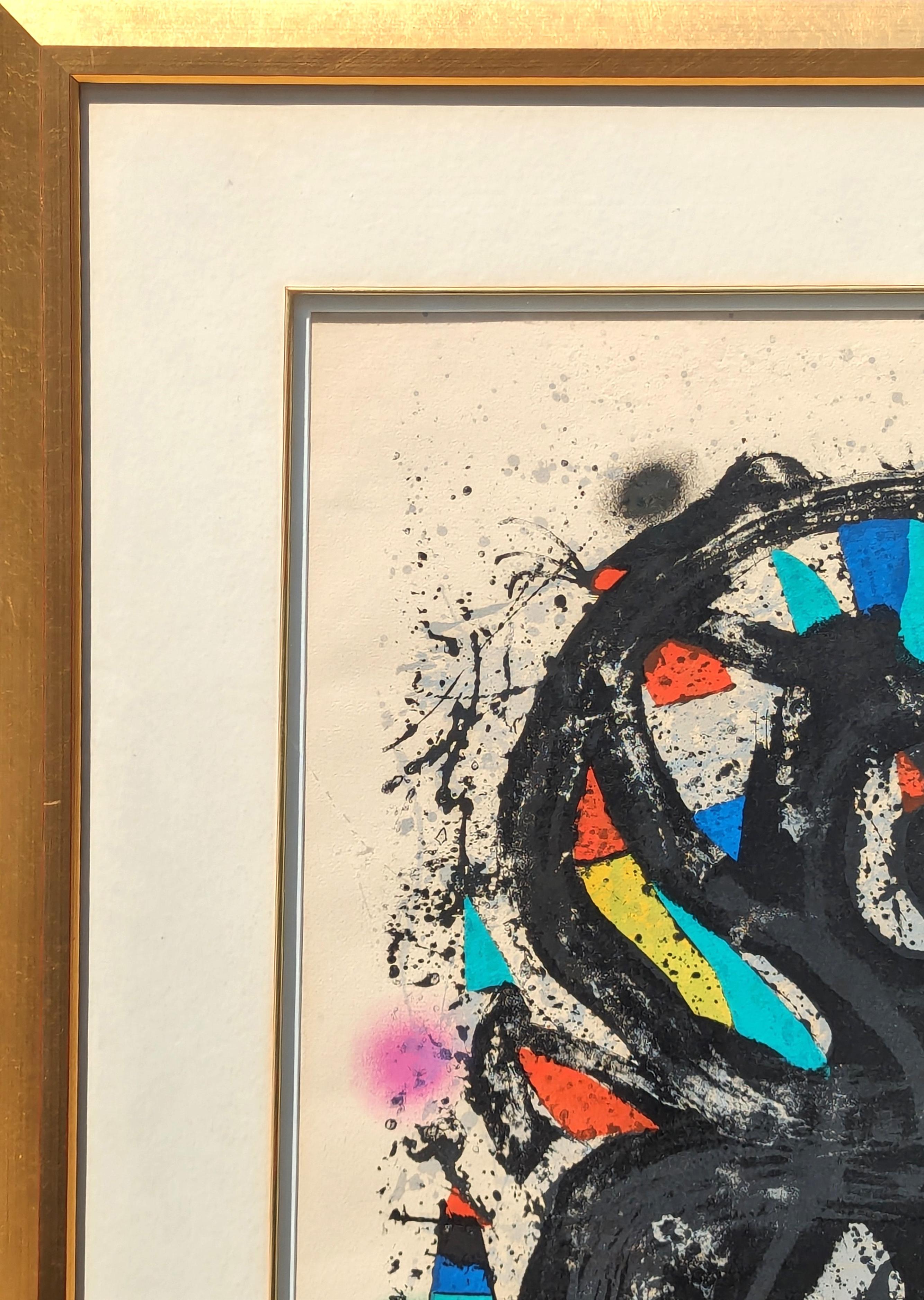 Modern colorful abstract lithograph by famous Surrealist artist Joan Miro. The work was created in conjunction with an exhibition that he had at the Grand Palais in Paris, France in 1974. Signed and editioned 36/50 in pencil along the front lower