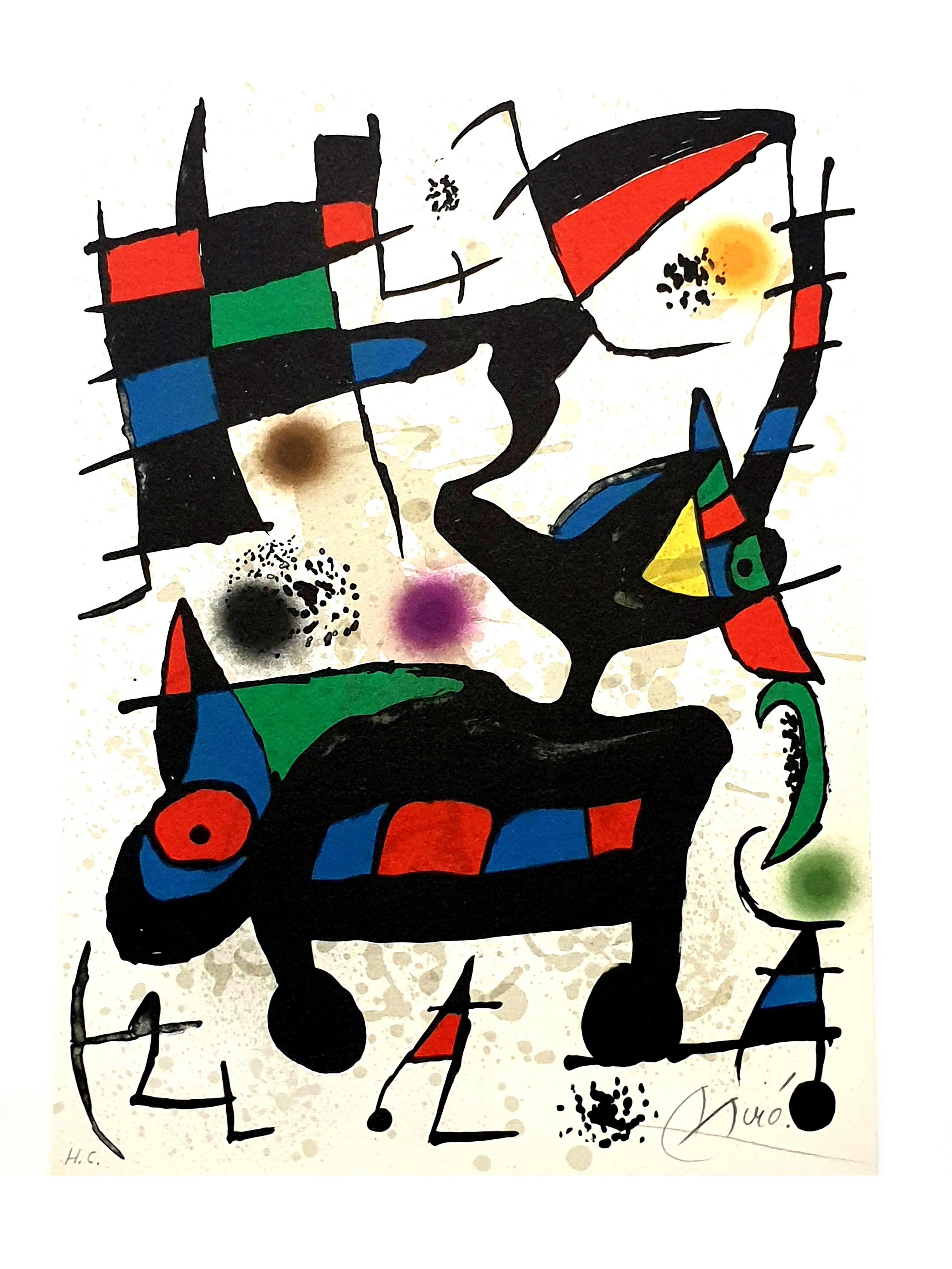 “Plate I,” from “Oda à Joan Miró,” by Joan Brossa Lithograph in colors, 1973 Signed in pencil and inscribed “H.C.” (presumably one of 10; the total edition was 525) Published by La Polígrafa S.A., Barcelona
Dimensions: 33.5 x 24.3 cm
Reference: