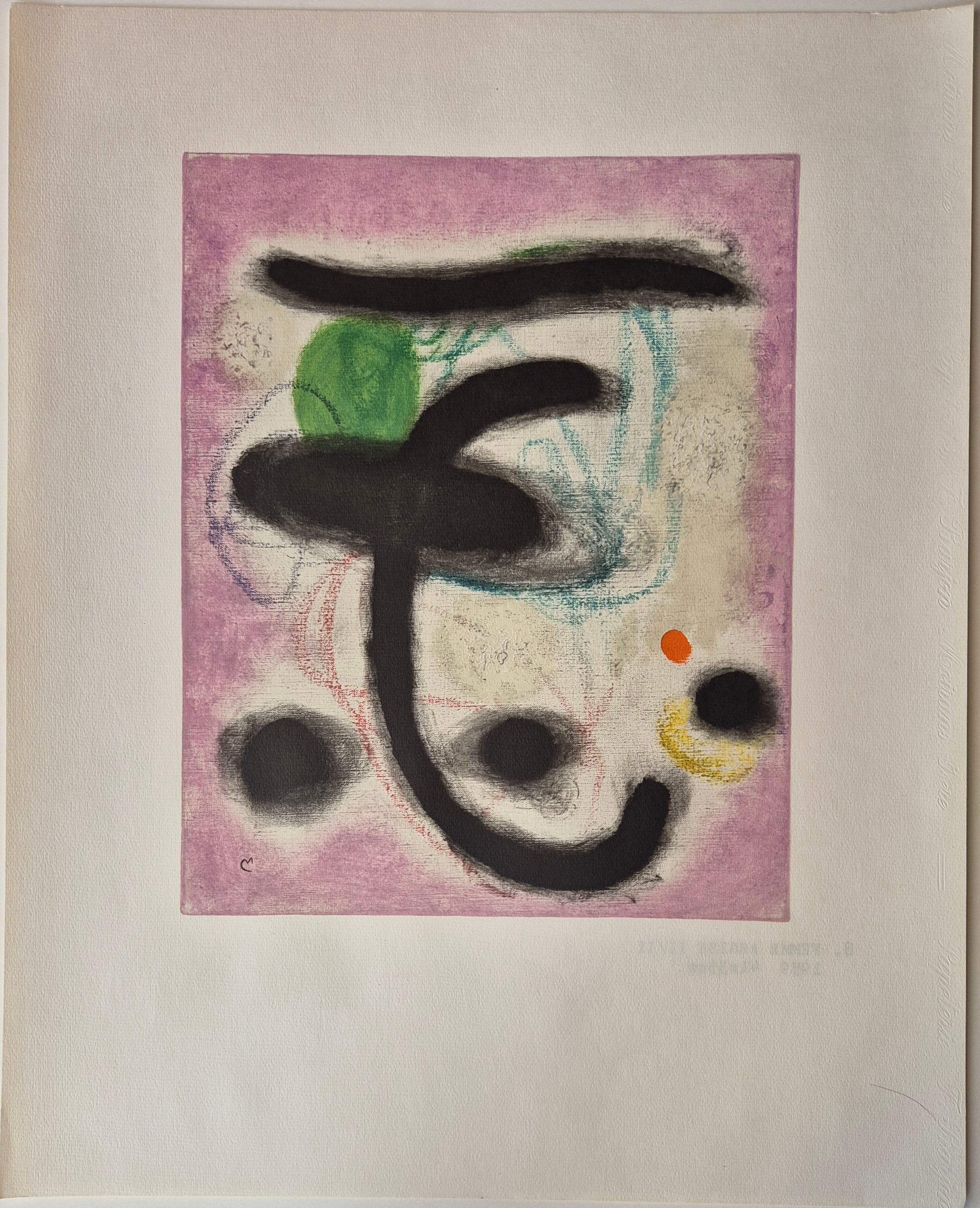 Joan Miro
 FEMME ASSISE II/II, from the Femmes Portfolio, 1965
Edition: 50; 10 HC
Image size: 36 x 29 cm
Paper Size: 56 x 45 cm
Signed in the plate
Publisher: Arte Adrien Maeght, Paris

Reference: no. 108 in Cramer "Miro: The Illustrated Books"
