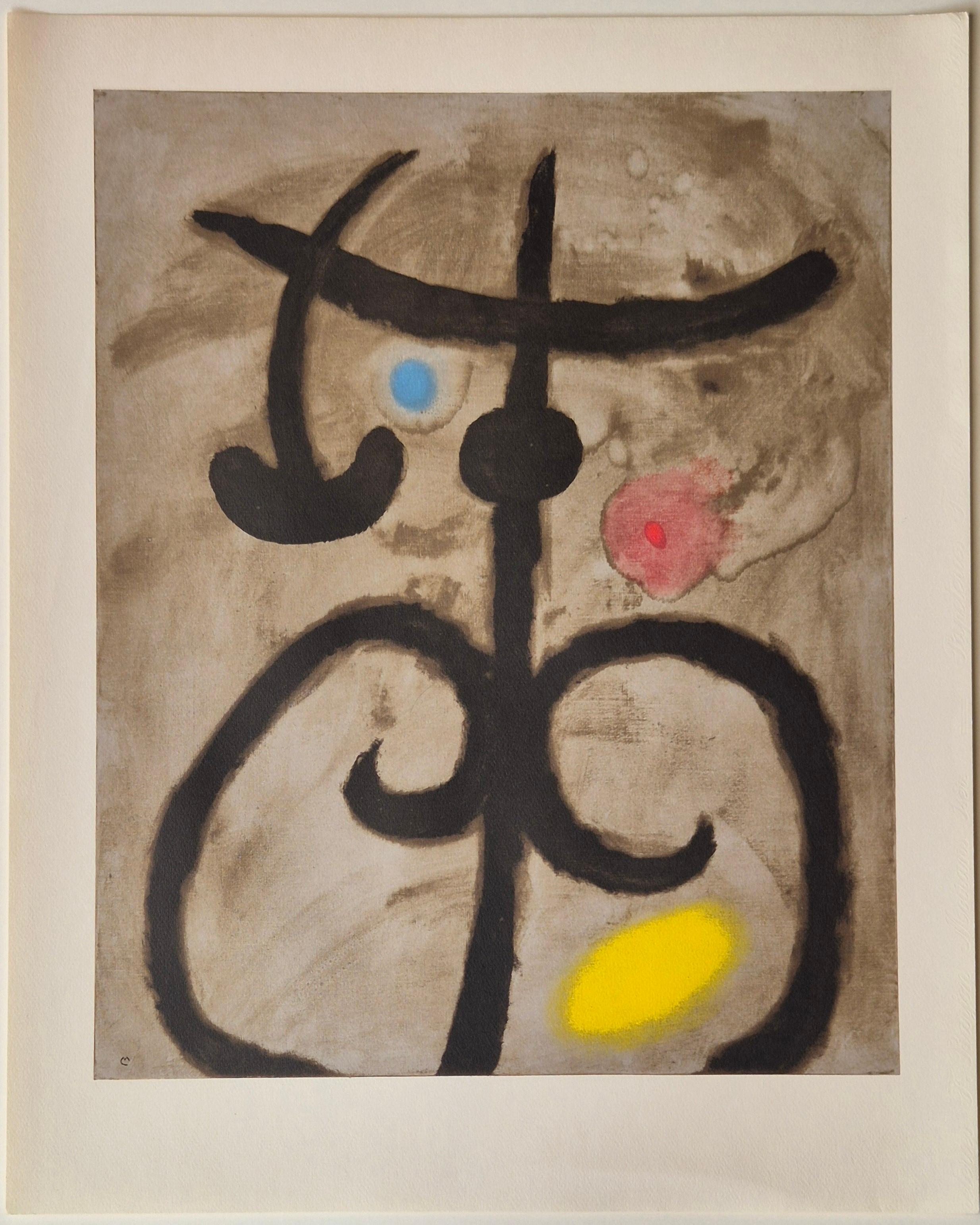 Joan Miro
 FEMME ASSISE III/V, from the Femmes Portfolio, 1965
Edition: 50; 10 HC
Image size: 46 x 37 cm
Paper Size: 56 x 45 cm
Signed in the plate
Publisher: Arte Adrien Maeght, Paris

Reference: no. 108 in Cramer "Miro: The Illustrated Books"
