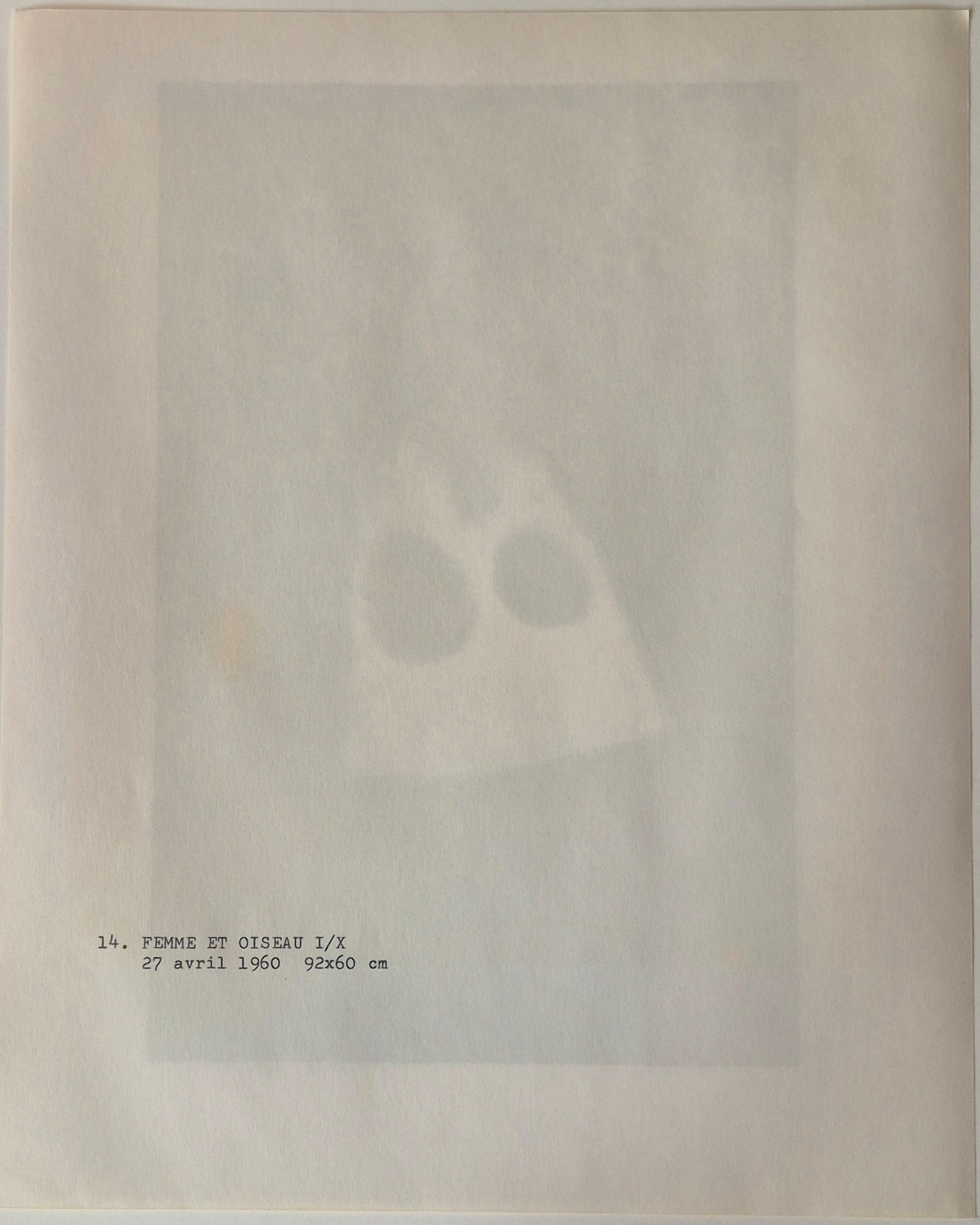 Joan Miro
 FEMME ET OISEAU I/X, from the Femmes Portfolio, 1965
Edition: 50; 10 HC
Image size: 45.5 x 30 cm
Paper Size: 56 x 45 cm
Signed in the plate
Publisher: Arte Adrien Maeght, Paris

Reference: no. 108 in Cramer 
