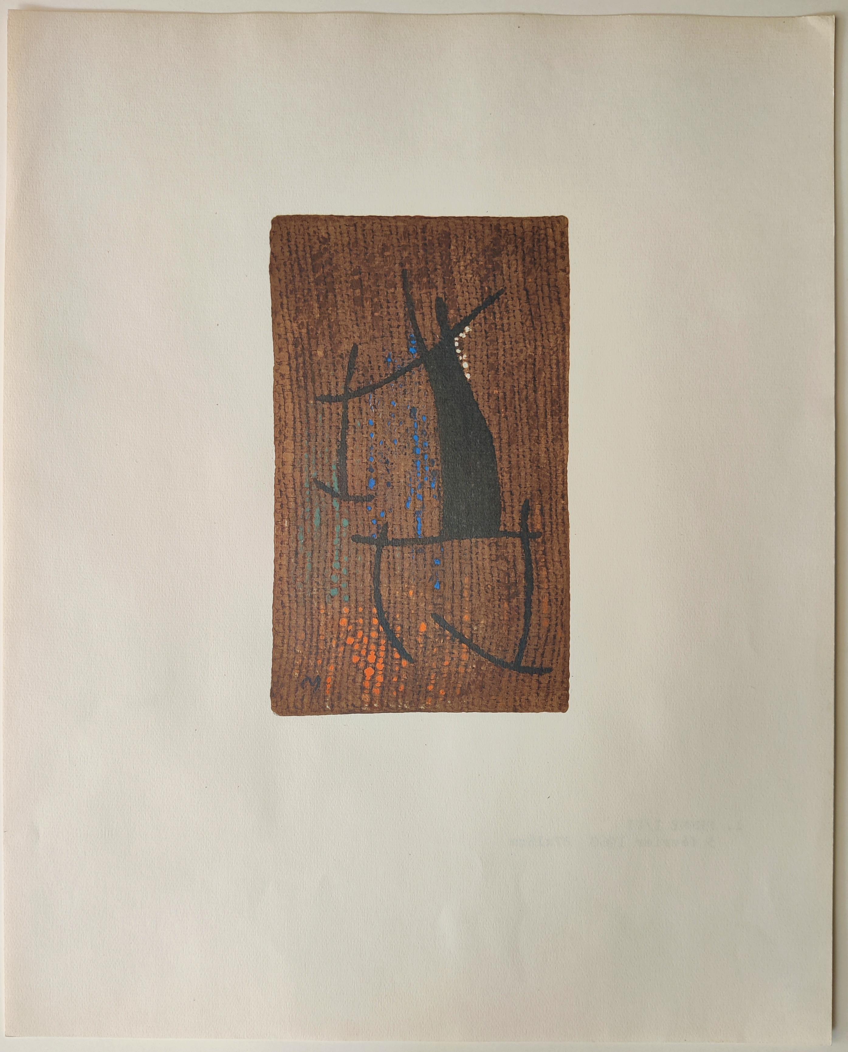 Joan Miro
 FEMME I/VI, from the Femmes Portfolio, 1965
Edition: 50; 10 HC
Image size: 27 x 16 cm
Paper Size: 56 x 45 cm
Signed in the plate
Publisher: Arte Adrien Maeght, Paris

Reference: no. 105 in Cramer "Miro: The Illustrated Books"
