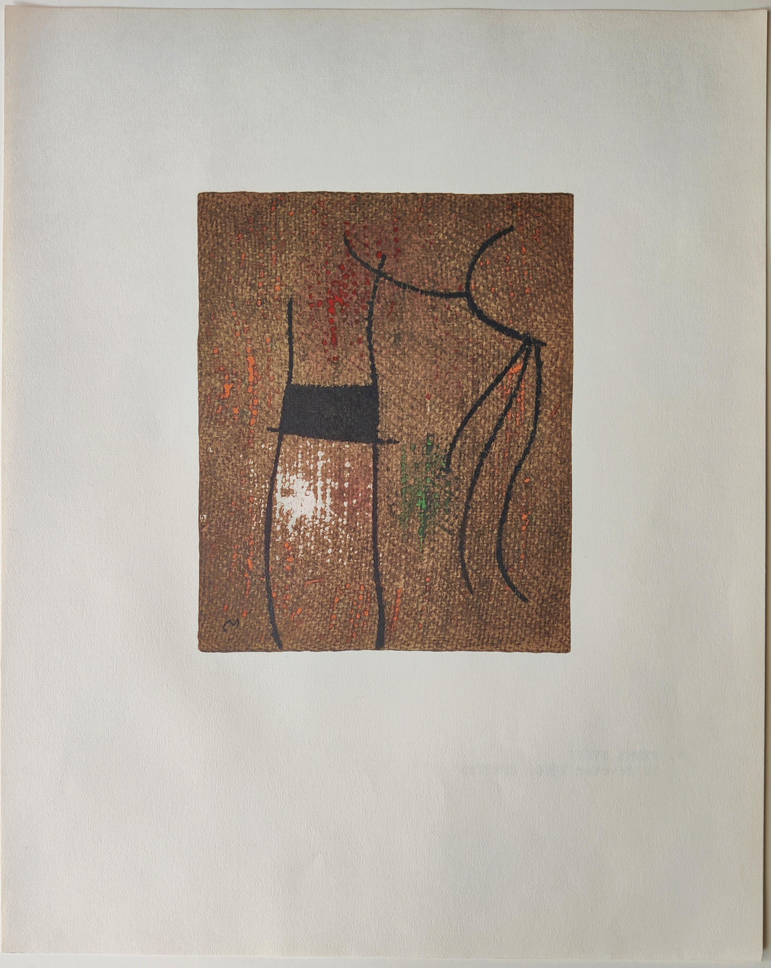 Joan Miro
 FEMME IV/VI, from the Femmes Portfolio, 1965
Edition: 50; 10 HC
Image size: 27 x 22 cm
Paper Size: 56 x 45 cm
Signed in the plate
Publisher: Arte Adrien Maeght, Paris

Reference: no. 108 in Cramer "Miro: The Illustrated Books"
