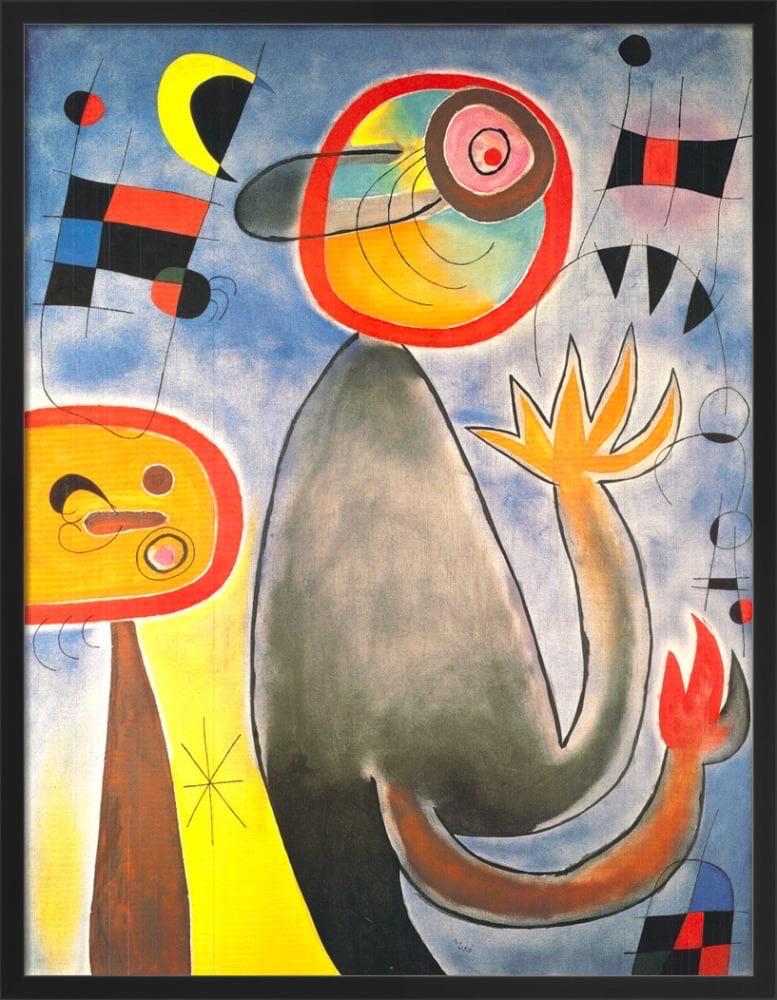 Joan Miró, Composition animale (encadré) 

Lithographie 

47 x 61 cm 

Encadré dans un cadre noir provenant de sources durables avec un vitrage acrylique de galerie. 

Les échelles traversent le ciel bleu dans une roue de feu" a été peint par Joan