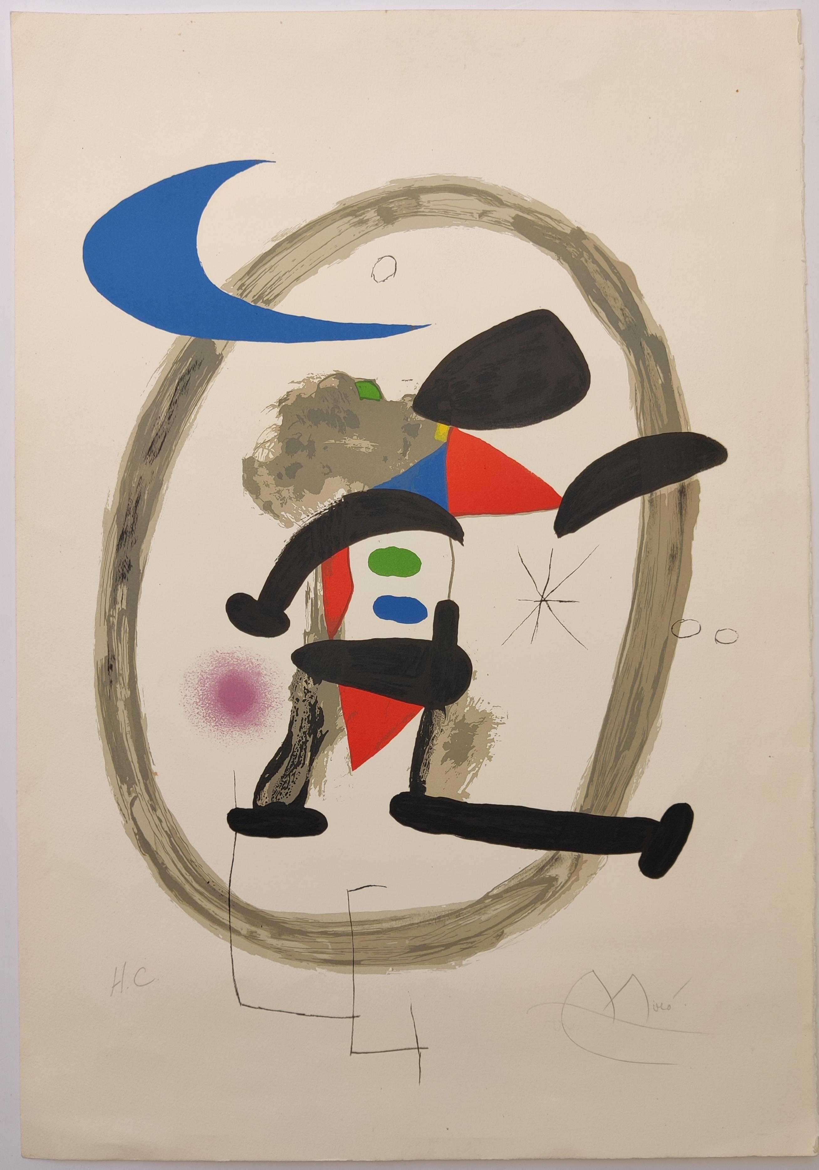 JOAN MIRÓ 
Arlequin Circonscrit, 1973
Color lithograph on Arches Paper
Edition "HC" lower left
Hand signed lower right
Sheet size 75.5 x 52.5 cm
Published by Maeght, Paris
Printed by Arte Adrien Maeght, Paris

Reference Mourlot 887