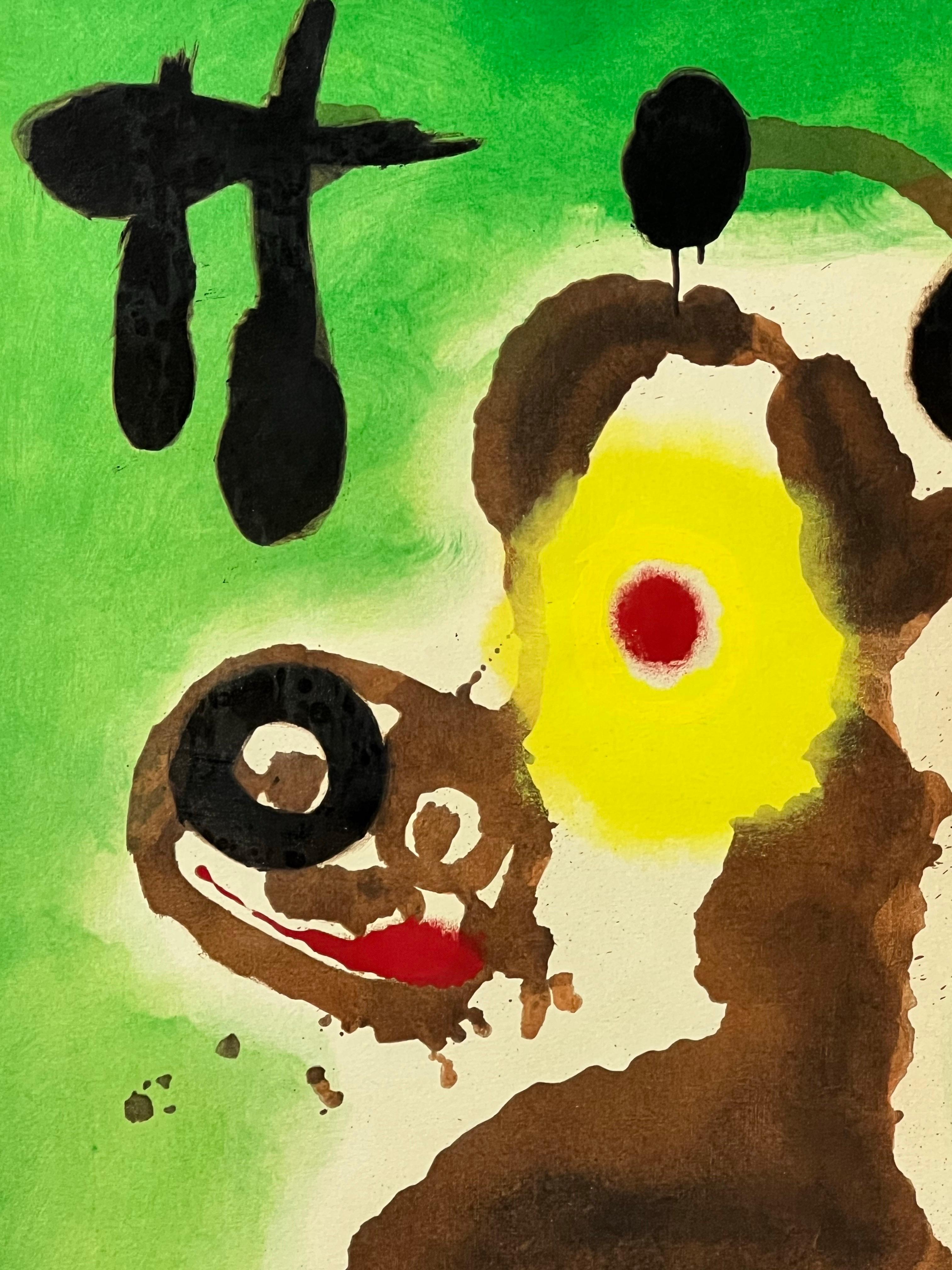 Joan Miró (espagnol, 1893-1983) Femme et Oiseau, 1961
Lithographie couleur originale sur papier
Signé à la main au crayon noir par l'artiste
Imprimé par Mourlot, Paris
Publié par Pierre Matisse Gallery, New York
Édition : Limitée (référence A&M :