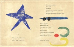Joan Miro-Gravure sur bois 7-12.5" x 20"-Woodblock-Surrealism-Blue, Green