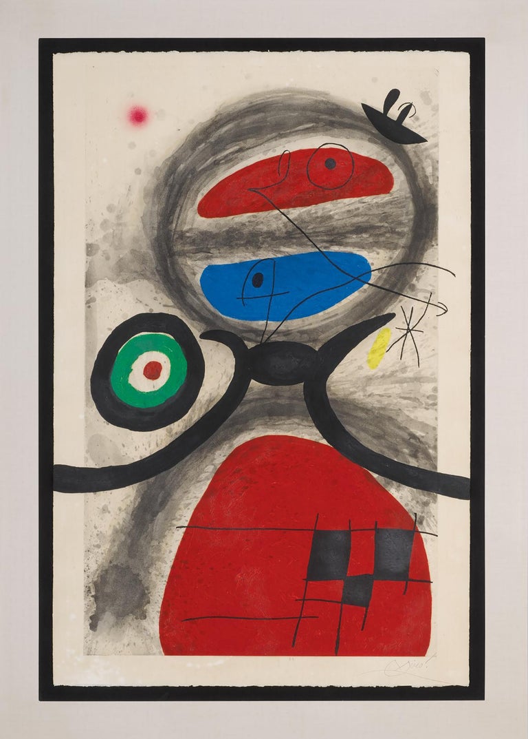 Joan Miró's "L'Aieule Devant la Mer (The Grandmother by the Sea)," from 1969, is an aquatint on paper. The piece comes framed in a gilded frame and a linen window mat. The paper measures 41 1/2 x 27 1/2 inches; the frame measures 49 x 35 1/2 inches.