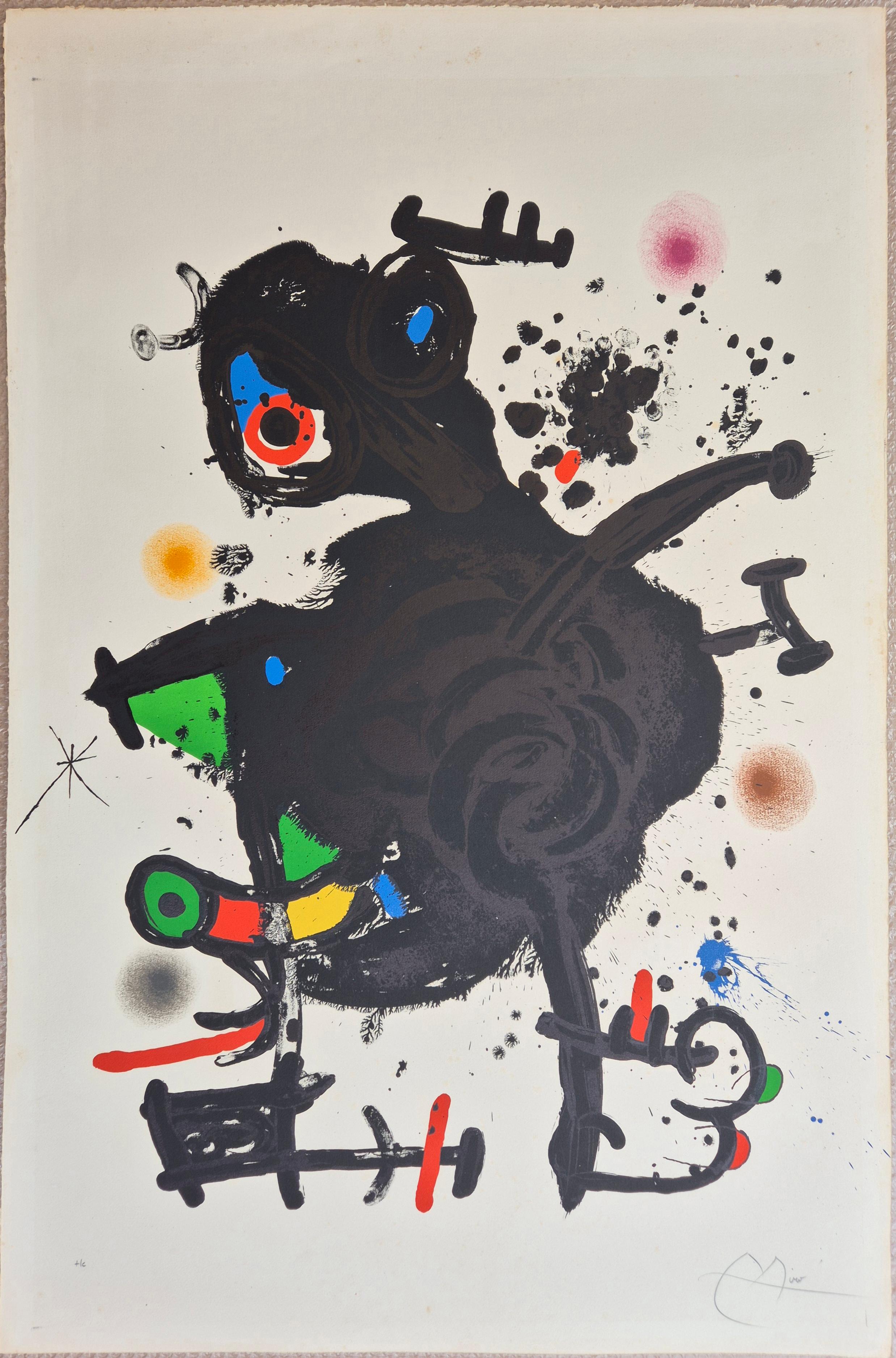 Joan Miró
Der eingesetzte Gourou, 1971
Farblithographie
Handsigniert unten rechts
Ausgabe HC unten links
Blattgröße 119,5 x 77,2 cm
Gedruckt und herausgegeben von Maeght, Paris 
Referenz: Maeght 700.