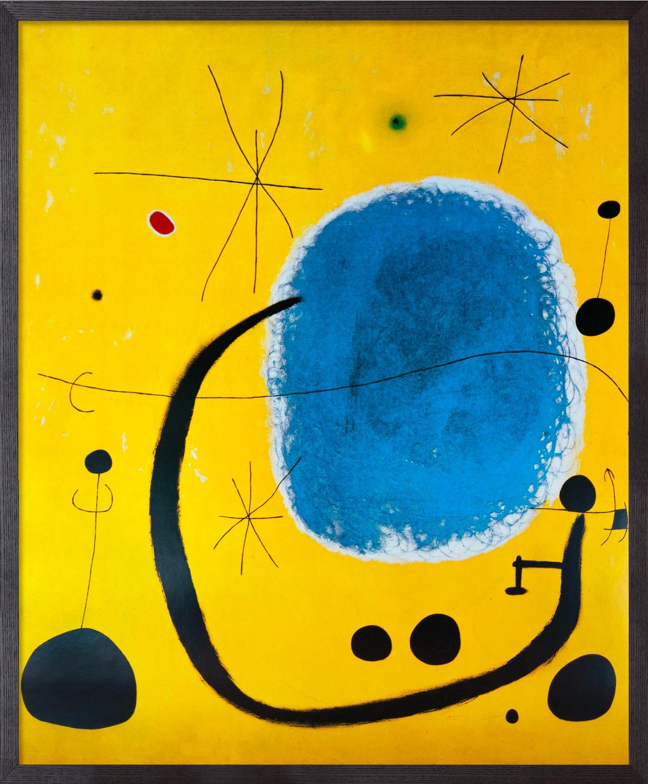 This print features a reproduction of L'Oro dell'Azzurro (1967) by Joan Miró. It's framed in sustainably sourced black ash with a gallery acrylic finish. Wired for hanging.

Size
31.5h x 26.5w x 1"d

Material
Paper, ash wood
