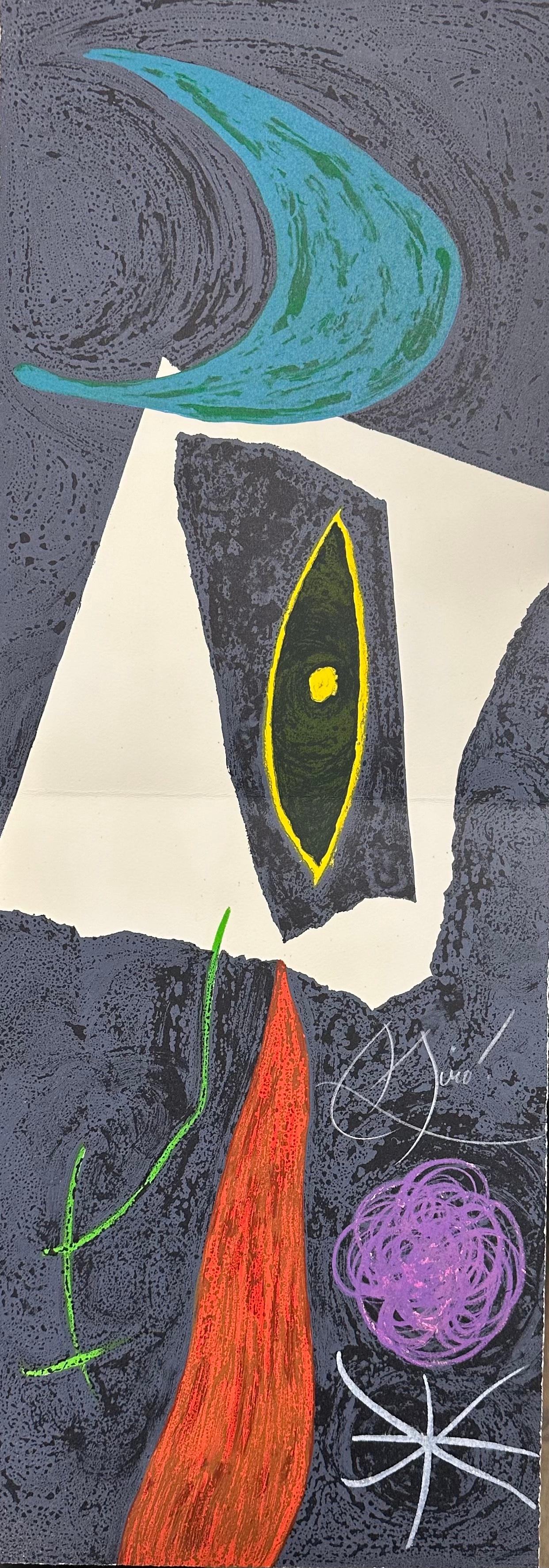 Joan Miró
M.987 aus "Les Pénaltiés de l'enfer ou les Nouvelles-Hébrides"
1974
Handsigniert in weißer Kreide
Aus einer signierten Auflage von 50 Stück, mit dem Vermerk EA/50, gefaltet (wie ausgestellt)
Mourlot 987, Cramer bk.188 
29,5 x 10,5 Zoll
