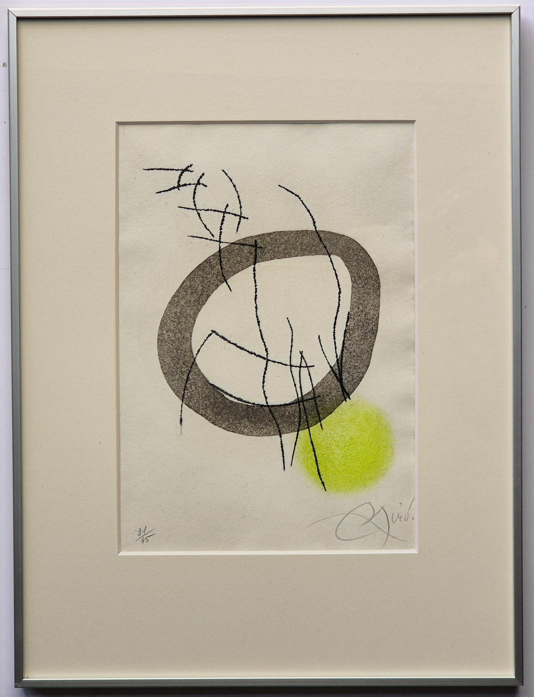 Joan Miro
Miranda et La Spirale, 1979
Gravure en couleur
Taille de l'image : 21 x 16 cm.
Taille de la feuille : 28,5 x 19,5 cm.
Dimensions du cadre : 45 x 35,5 x 2,5 cm
Signé à la main en bas à droite
Numéroté 31/45 en bas à gauche
Éditeur : RLD,