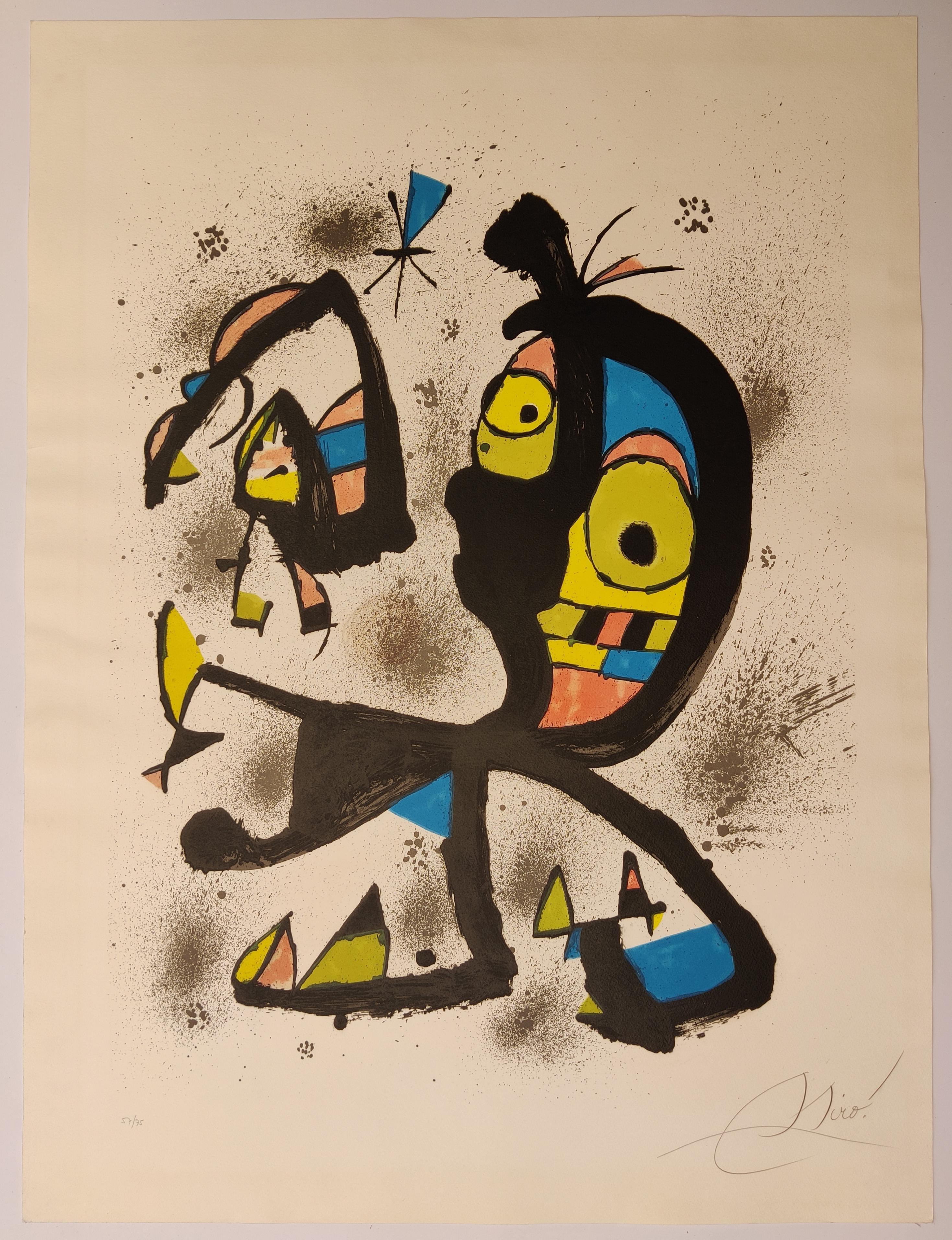 Joan Miró
Obra Gràfica (Grafisches Werk),  1980
Farblithographie auf Arches-Papier, vollrandig.
Bildgröße 78 x 58 cm
Blattgröße 94 x 70 cm
Signiert und nummeriert 57/75 in Bleistift (es gab auch 20 hors commerce in römischen Ziffern)
Herausgegeben