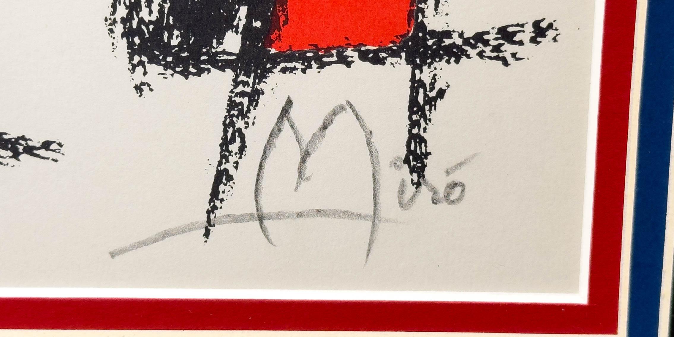 Questa litografia originale II di Joan Miró ( ( Spanish 1893 - 1983)), parte del Portfolio V del 1975, emana l'estetica surrealista giocosa e sofisticata per cui Miró è famoso. Pubblicata dalla stimata Maeght Éditions di Parigi, quest'opera d'arte