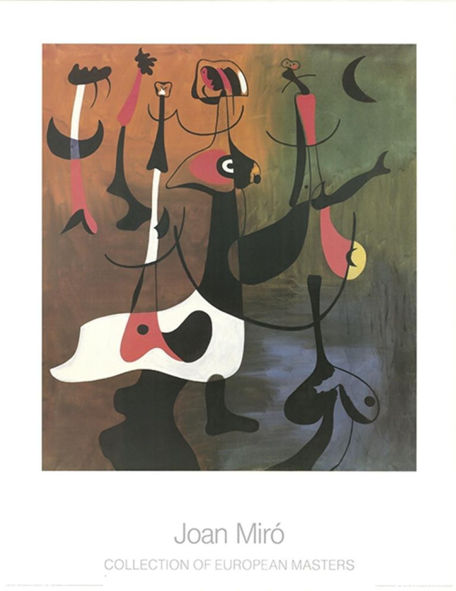 Cette captivante impression d'art sur papier épais est créée d'après l'original de 1934 de Joan Miró, illustrant son style abstrait unique. L'œuvre est en bon état et apporte un équilibre rythmique de tons bruns et verts qui ajoutent de la
