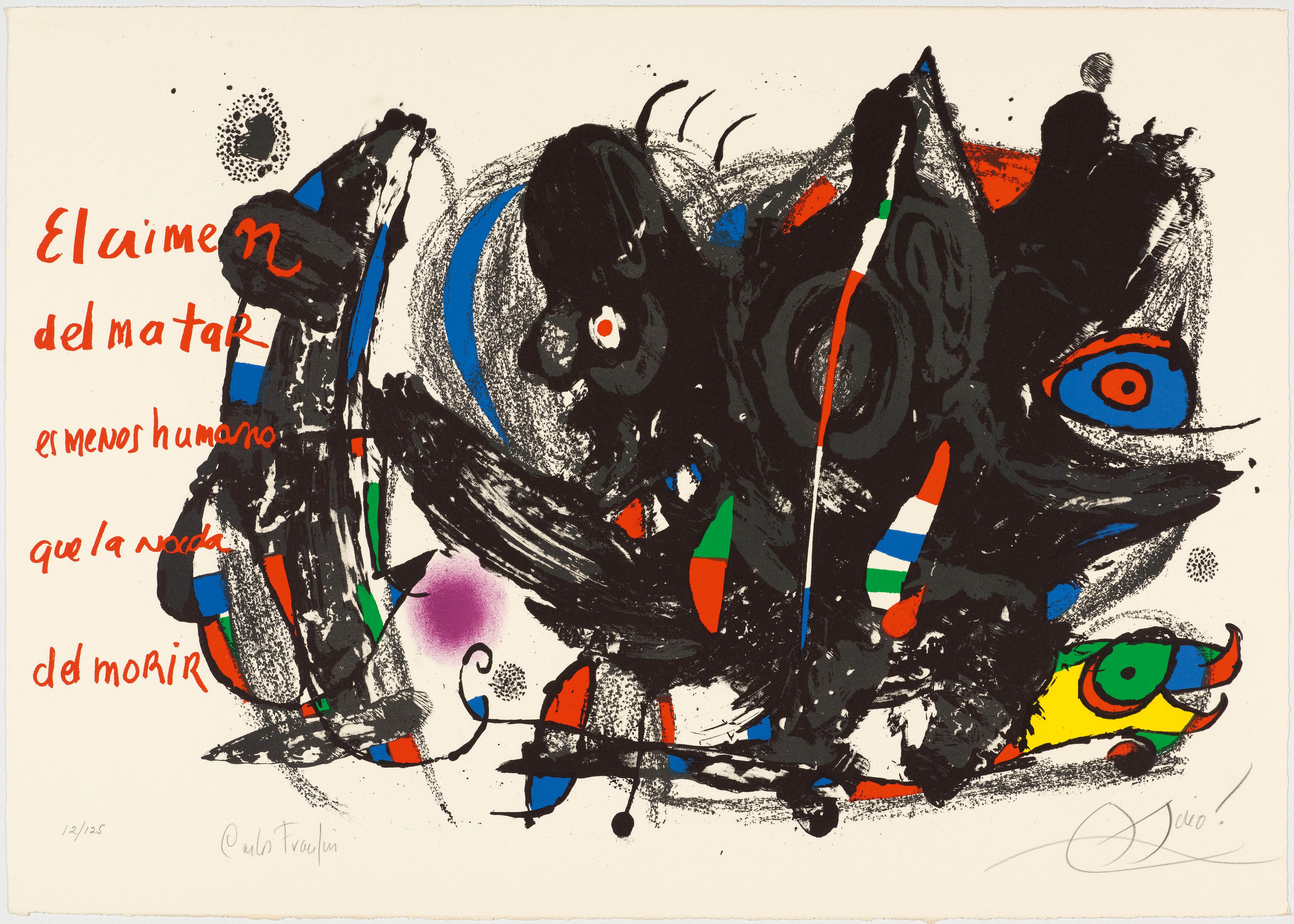 Poemas para mirar. 1976
Lithographie en couleur

Édition 12/125

Signé au crayon en bas à droite : Miró. Image 48 × 75 cm sur papier vélin d'Arches 55 × 78 cm

Publié par l'éditeur D. Blanco, Genève

Imprimé par Arte Adrien Maeght, Paris
D'après le