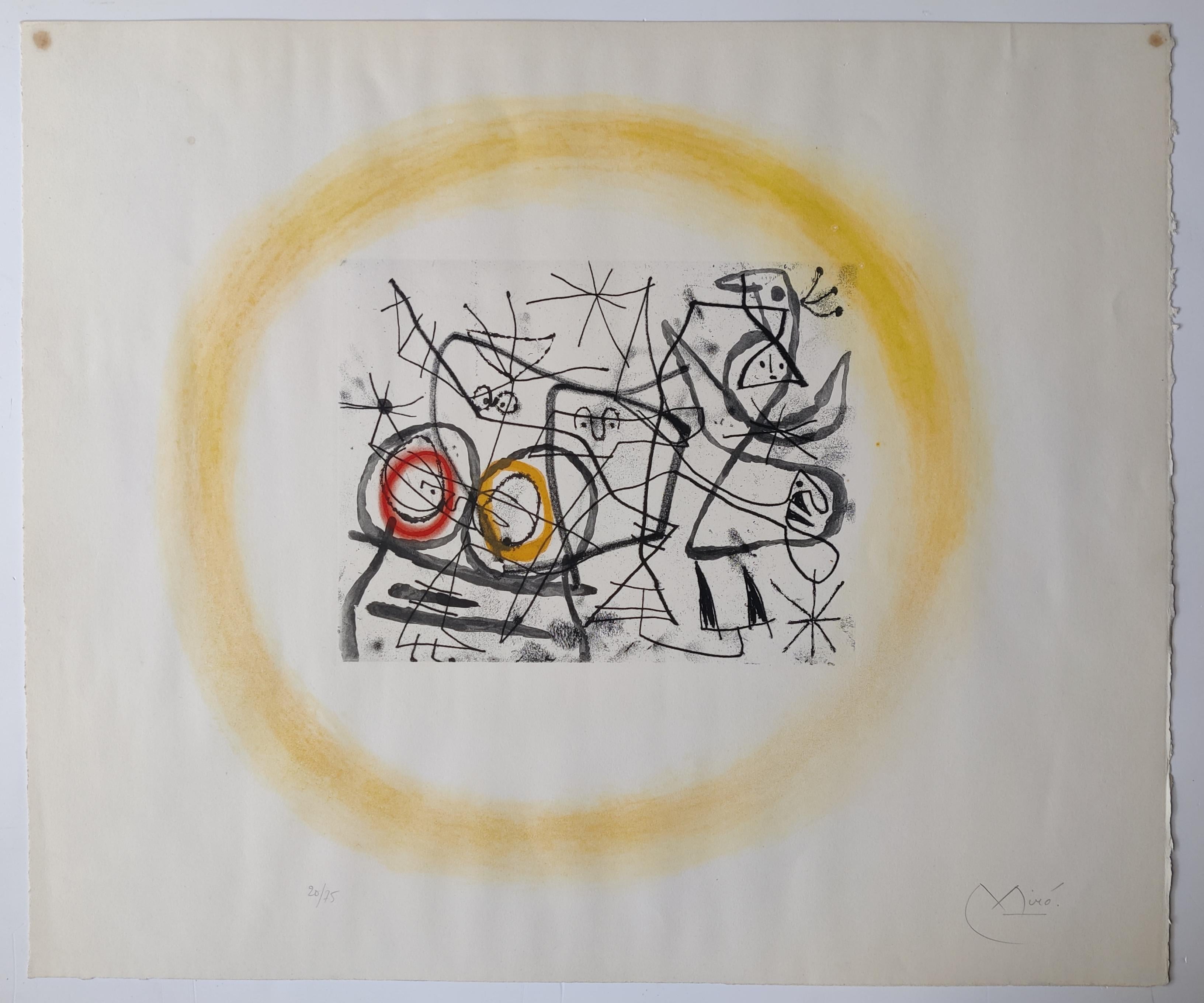 
Joan Miró
Préparatifs D'Oiseaux II (Preparativi di uccelli II), 1963
Serie:	Serie Préparatifs d'Oiseaux (Preparativi di uccelli), 1963
Acquatinta su carta Rives.
Dimensioni dell'immagine:  21 cm x 27 cm
Dimensioni del foglio:  49 cm x 58