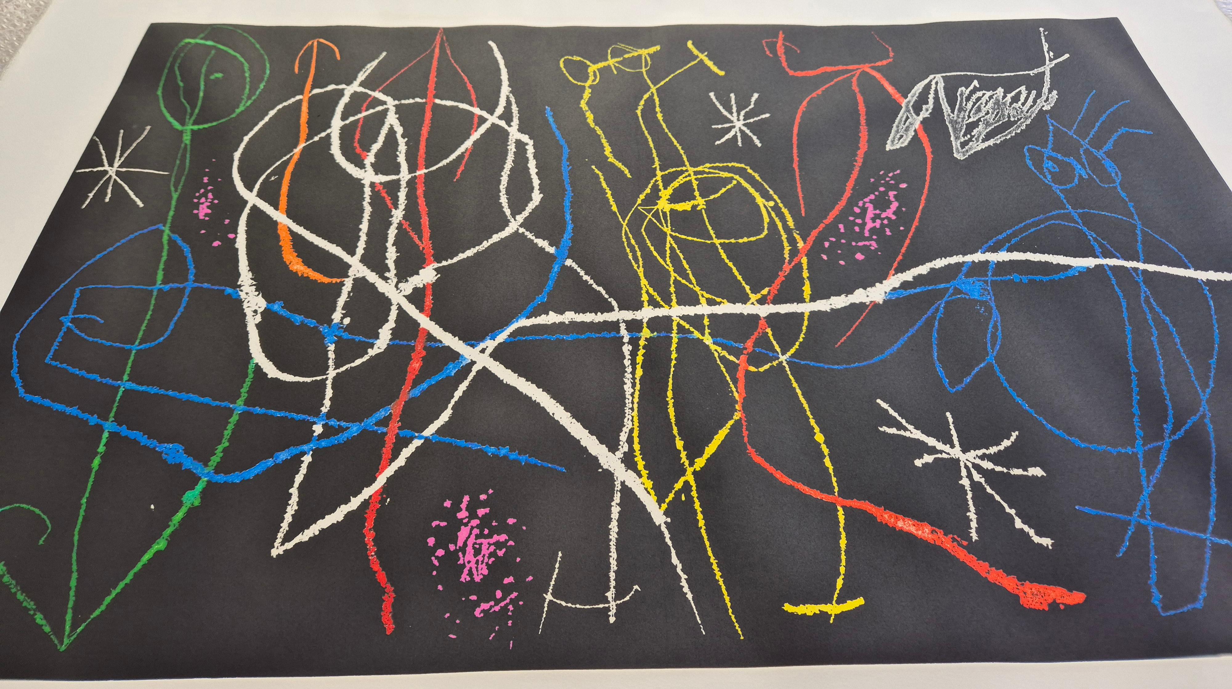Joan Miro
L'Invitée du Dimanche III, 1969
Gravure sur papier Arches.
Taille de l'image :	59.5 cm x 99 cm
Taille de la feuille :	80 cm x 121 cm
Signé à la main en bas à droite
Edition HC
Estampillé au dos par la Fondation Joan Miro
Référence Dupin 482