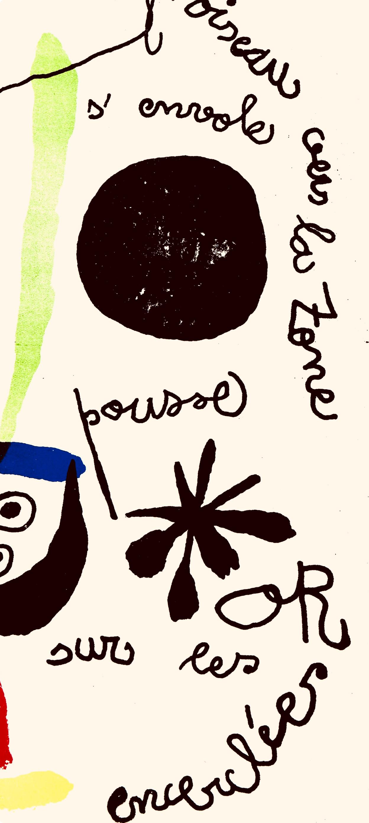 Joan Miro, The Bird Flies Over the Golden Zone on the Sunlit Hills, 1957 - White Landscape Print by Joan Miró