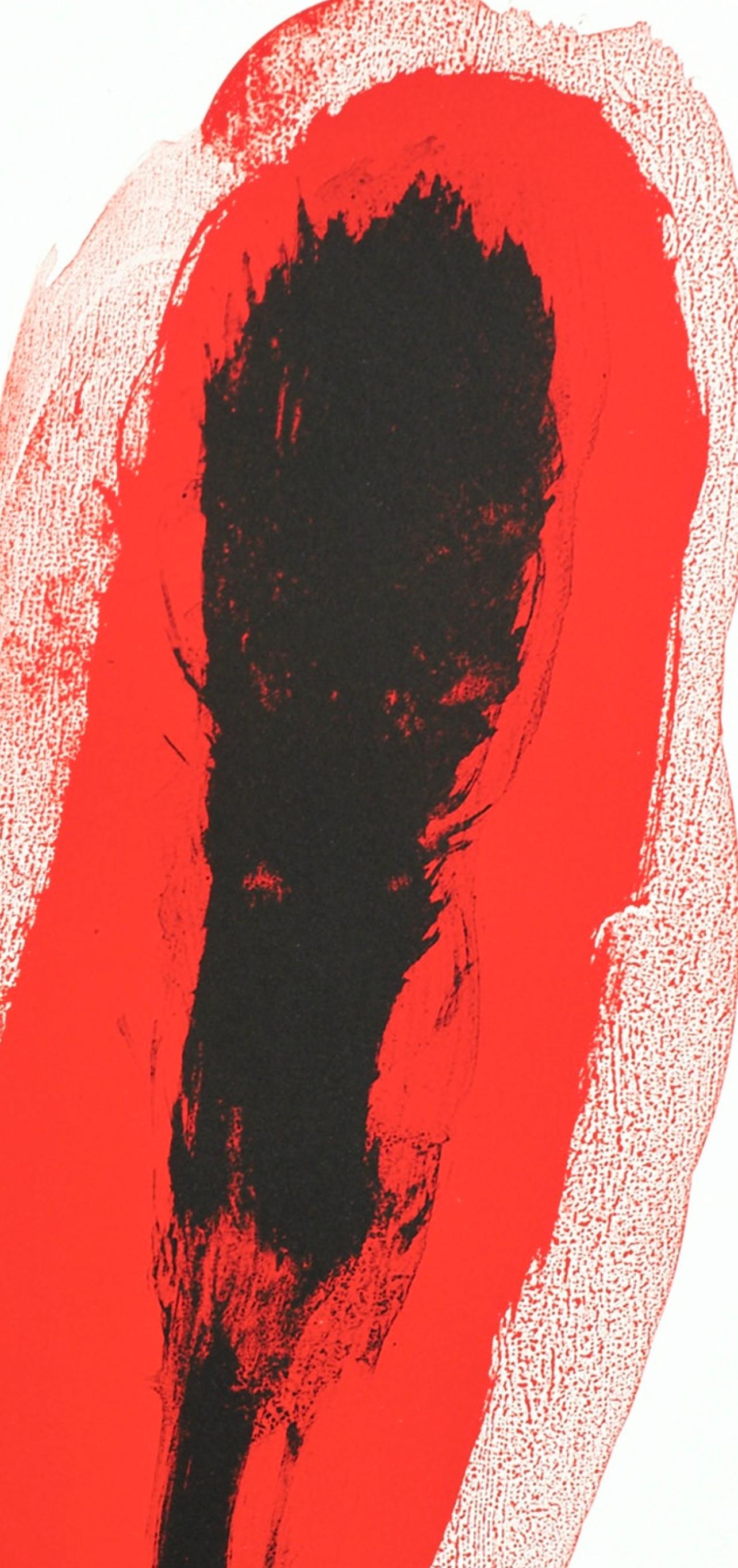 This exquisite lithograph by Joan Miro (1893–1983), titled Lanneau (The Ring), originates from the 1961 folio Derriere le miroir, No. 128. Published by Maeght Editeur, Paris, under the direction of Aime Maeght, and printed by limprimerie Arte,