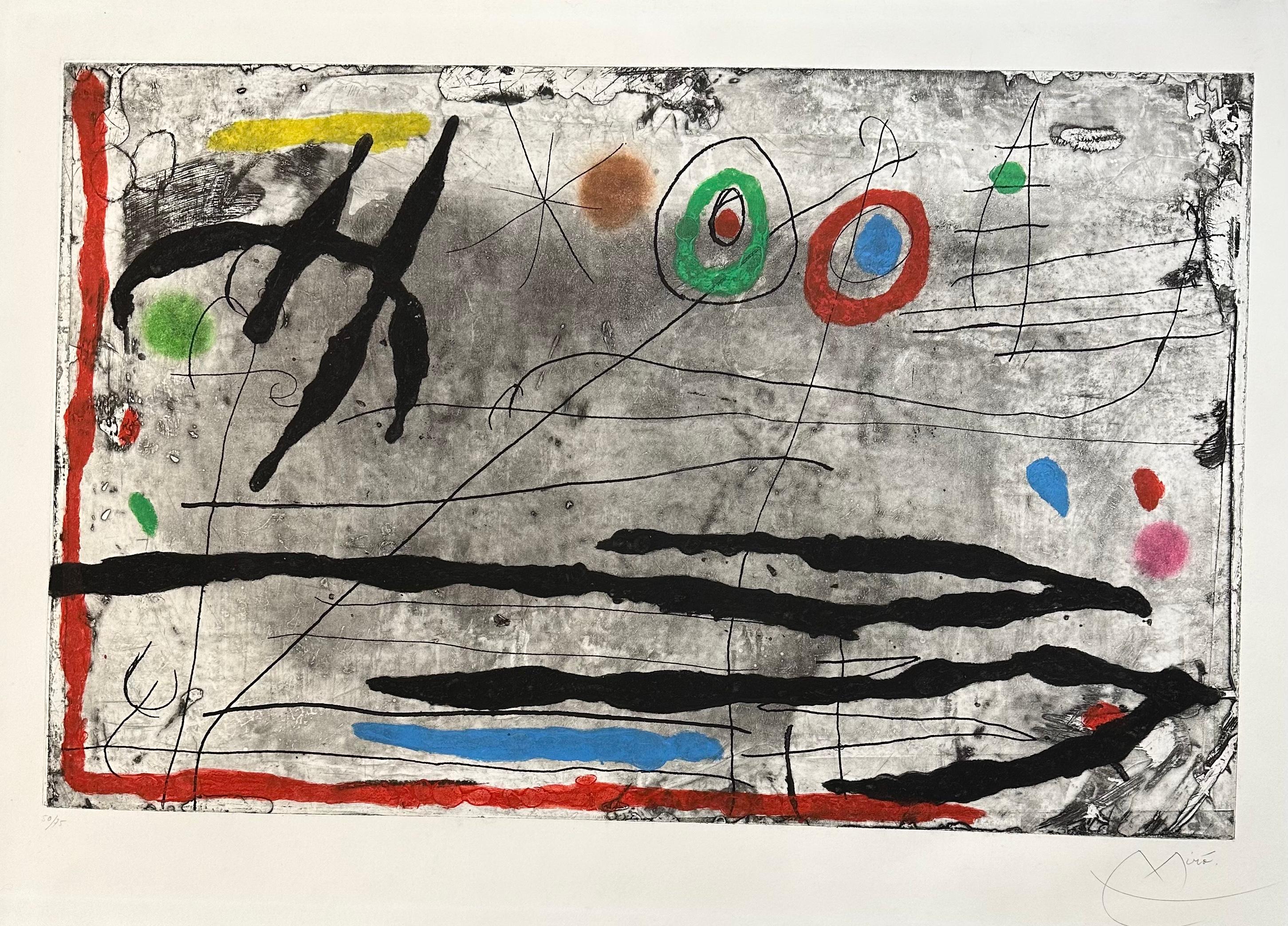 Joan Míro
Tracé sur la Paroi I
Original etching, aquatint and carborundum
1967
Hand signed in pencil, numbered 50/75 from the edition of 75 on Mandeure rag paper
Dupin 440
Image Size: 22.5 x 36 inches
Paper Size: 29 x 41 inches