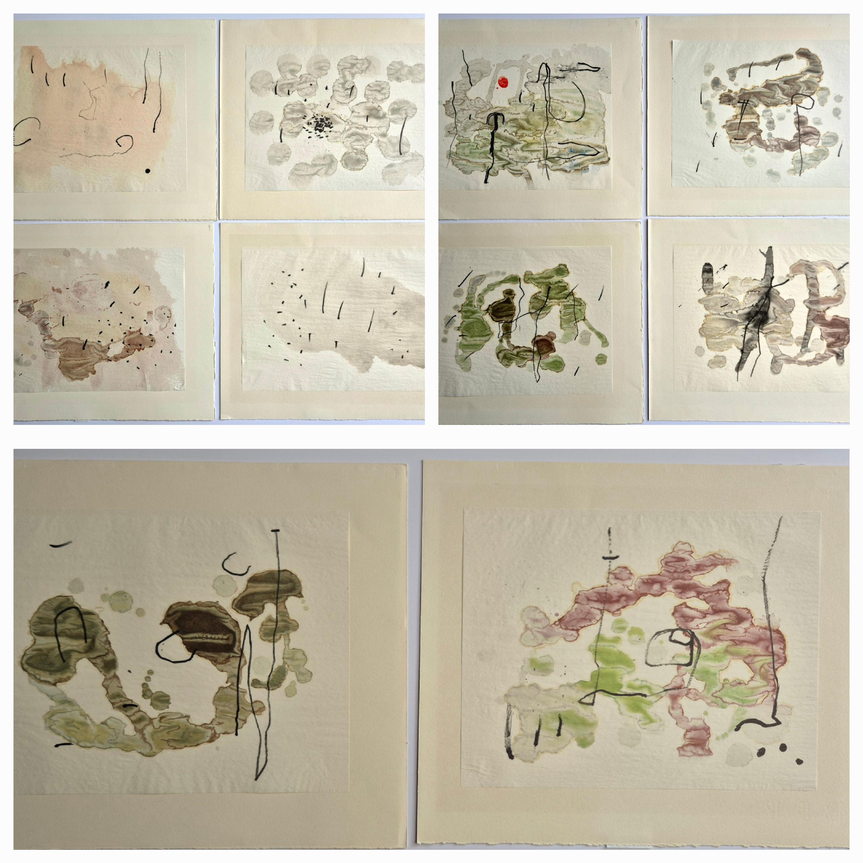 Joan Miro
Trace sur l'eau, 1963
Original lithograph in colors on wove paper as its wrap-around cover
These 10 color reproductions of the artist's watercolors printed on Marais onion skin paper either tipped down to support sheets or bound-in.
From