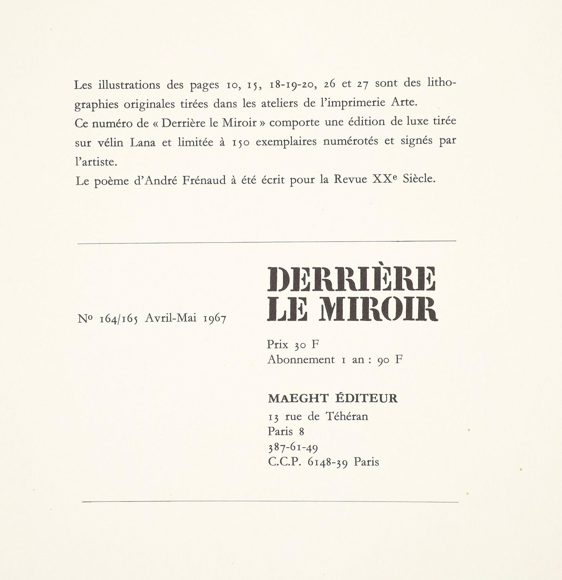 This exquisite lithograph by Joan Miro (1893–1983), titled Sans titre (Untitled), originates from the 1967 folio Derriere le miroir, L'oiseau solaire, l'oiseau lunaire, etin-celles (The Solar Bird, the Lunar Bird, Sparks), No. 164–165. Published by