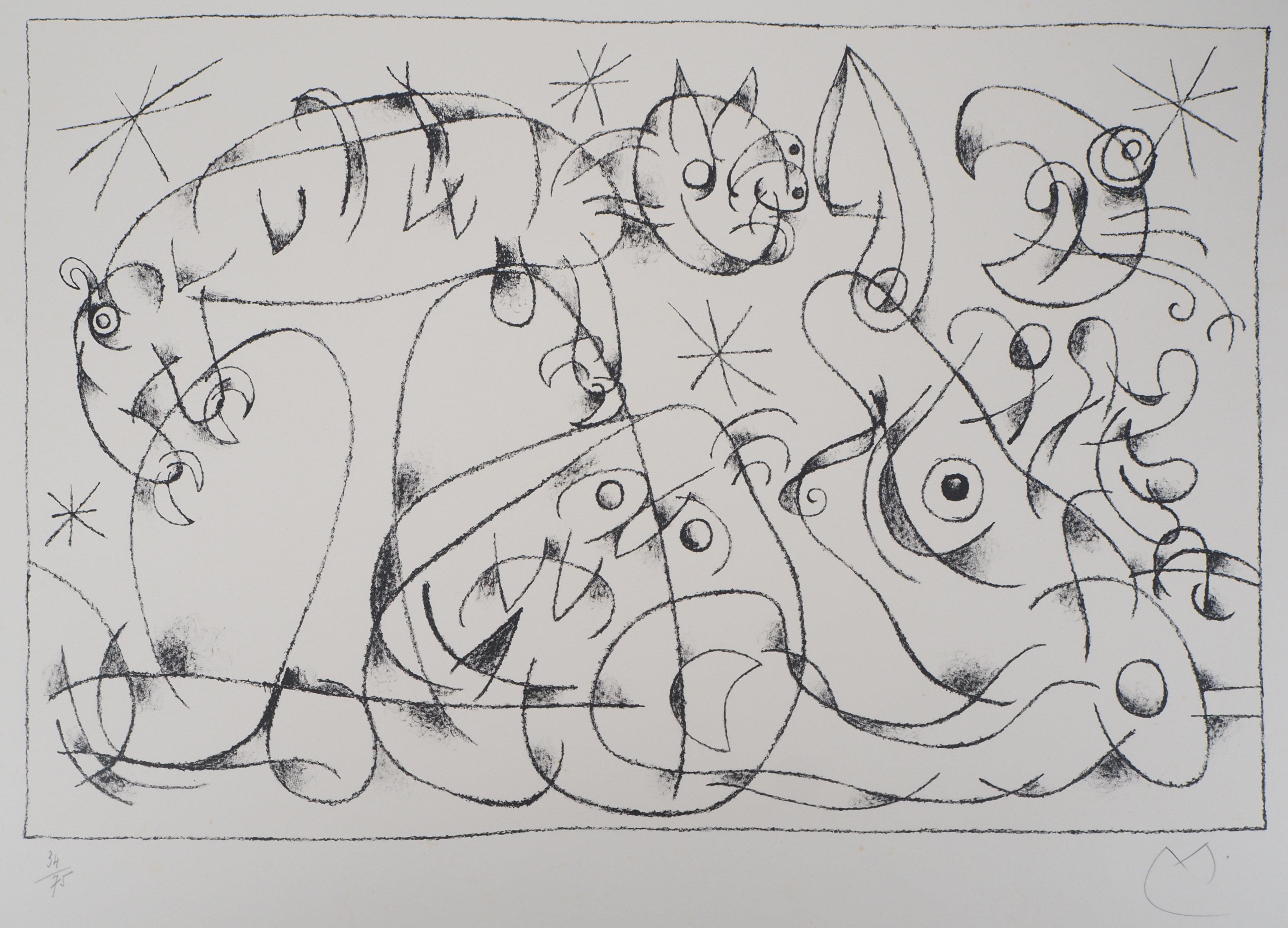 Joan Miró Figurative Print - King Ubu XI : Cat Looking at the Moon - Original lithograph, Handsigned & N°