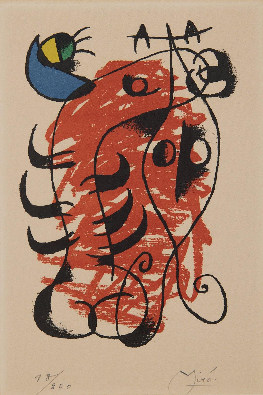 Joan Miró (Spanish, 1893-1983)
La Boite Alerte, 1959
Color lithograph
Signed lower right, numbered 98/200 lower left
9.75 x 6.75 inches

Joan Miró Ferra was born April 20, 1893, in Barcelona. At the age of 14, he went to business school in Barcelona
