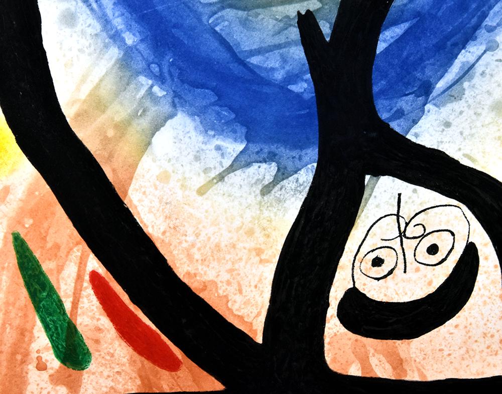 Miro showcases his skilled handling of carborundum in this marvelous work. This particular piece features more of the rich and beautiful texture than any of his other prints, evident throughout the black areas. Emerging at the center is a hilarious